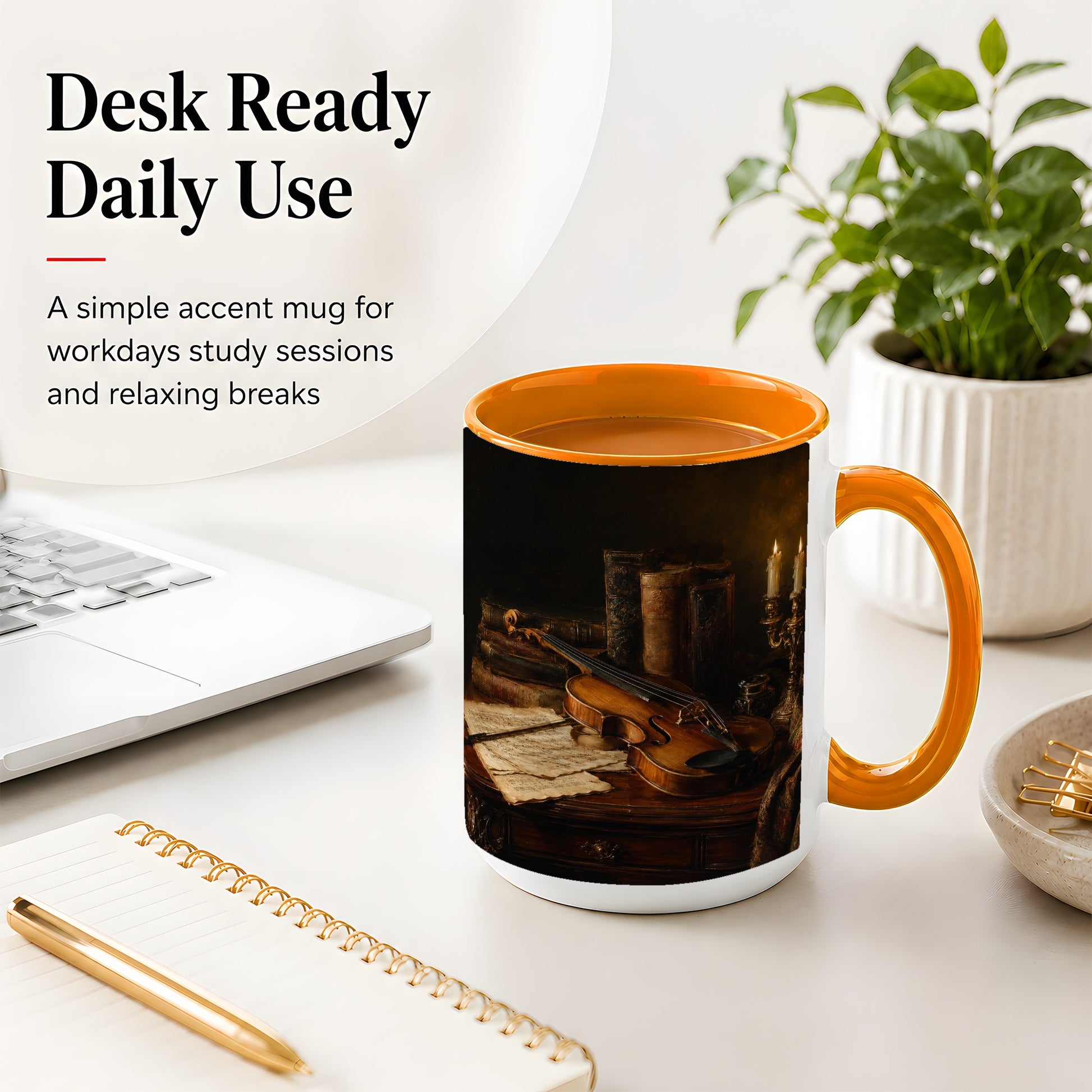 #pl[15oz|Orange] Violin Still Life Ceramic Mug, Candlelit Books and Sheet Music