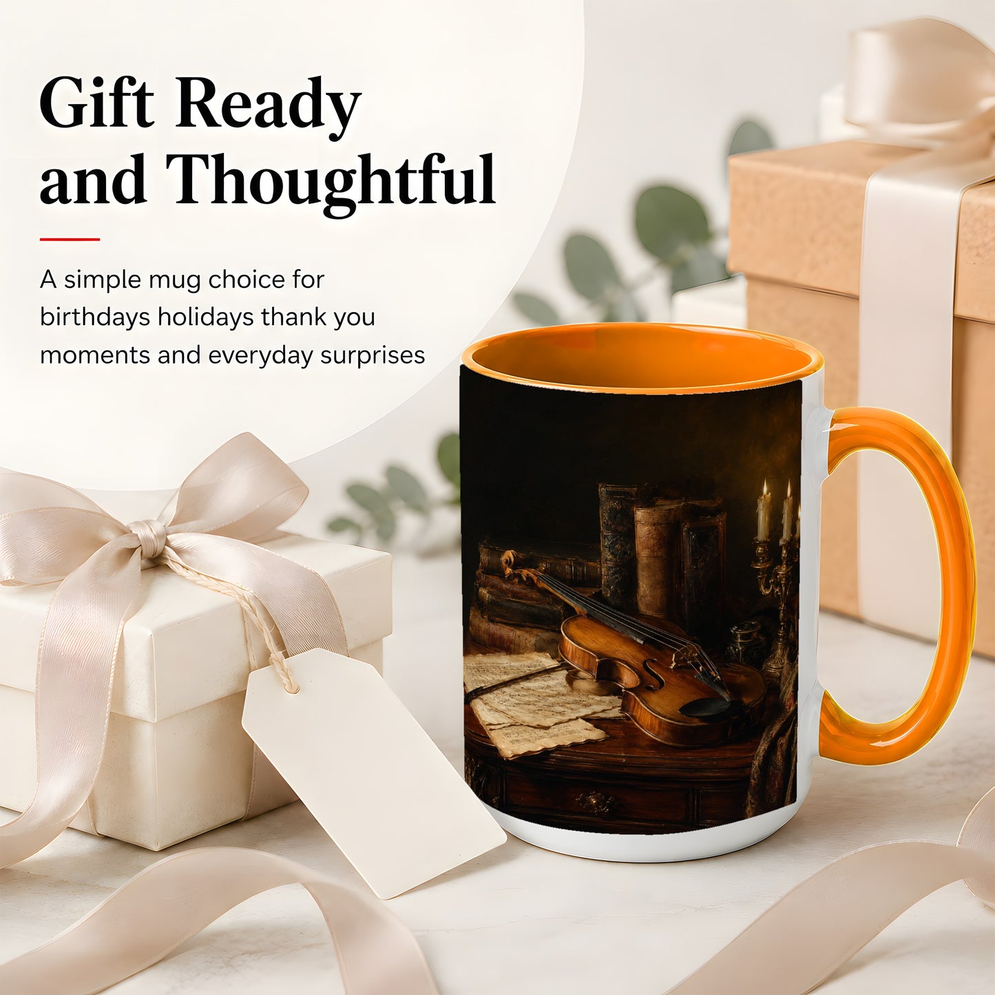#pl[15oz|Orange] Violin Still Life Ceramic Mug, Candlelit Books and Sheet Music