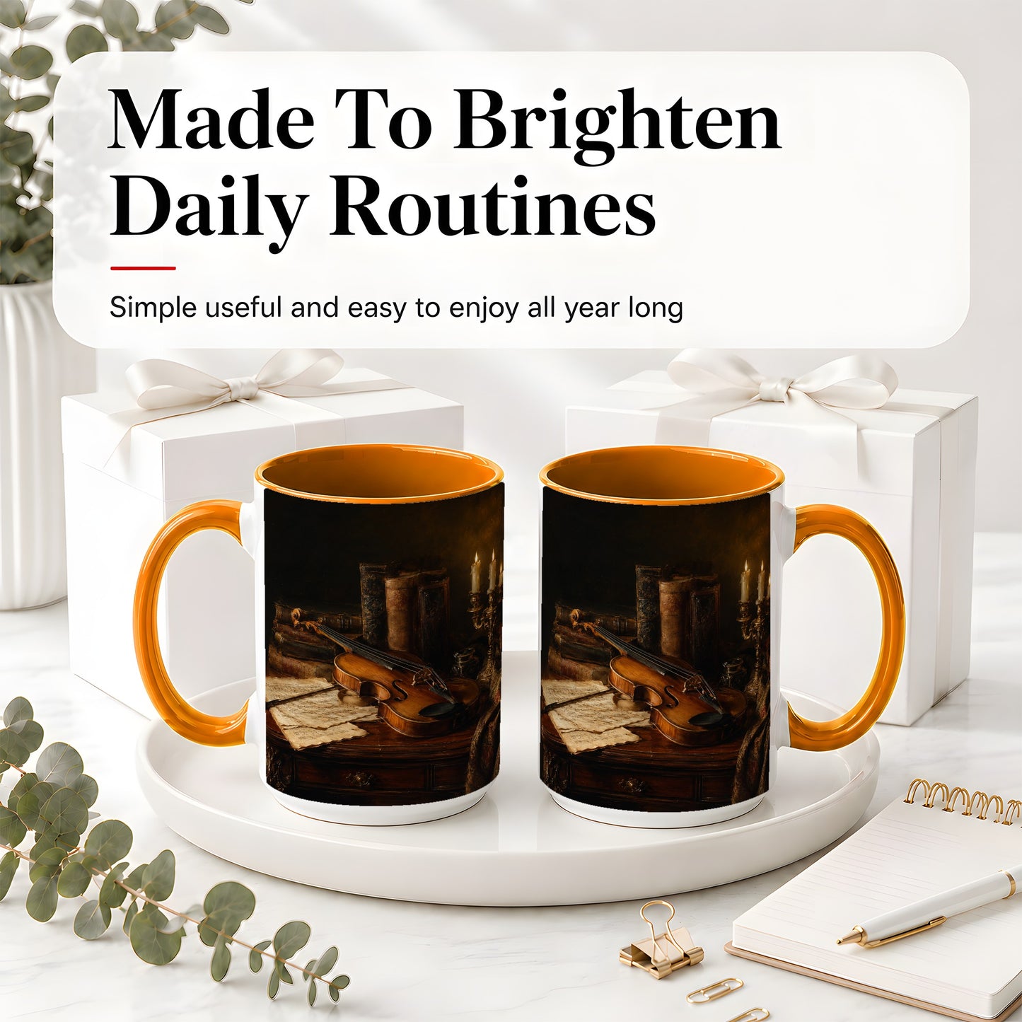 #pl[15oz|Orange] Violin Still Life Ceramic Mug, Candlelit Books and Sheet Music