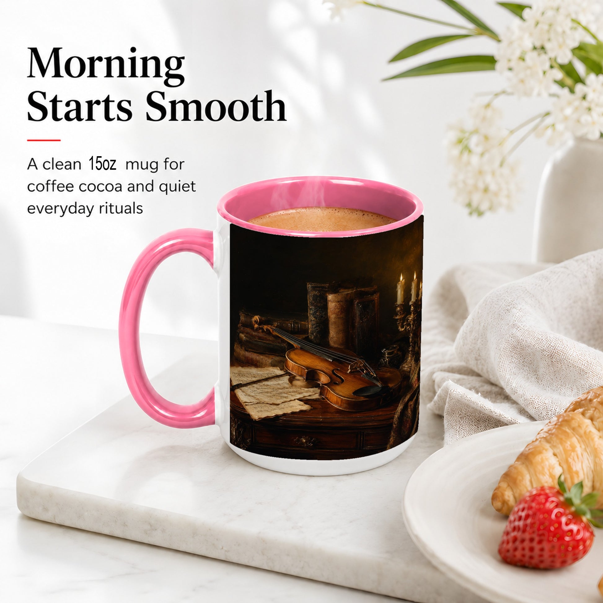 #pl[15oz|Pink] Violin Still Life Ceramic Mug, Candlelit Books and Sheet Music