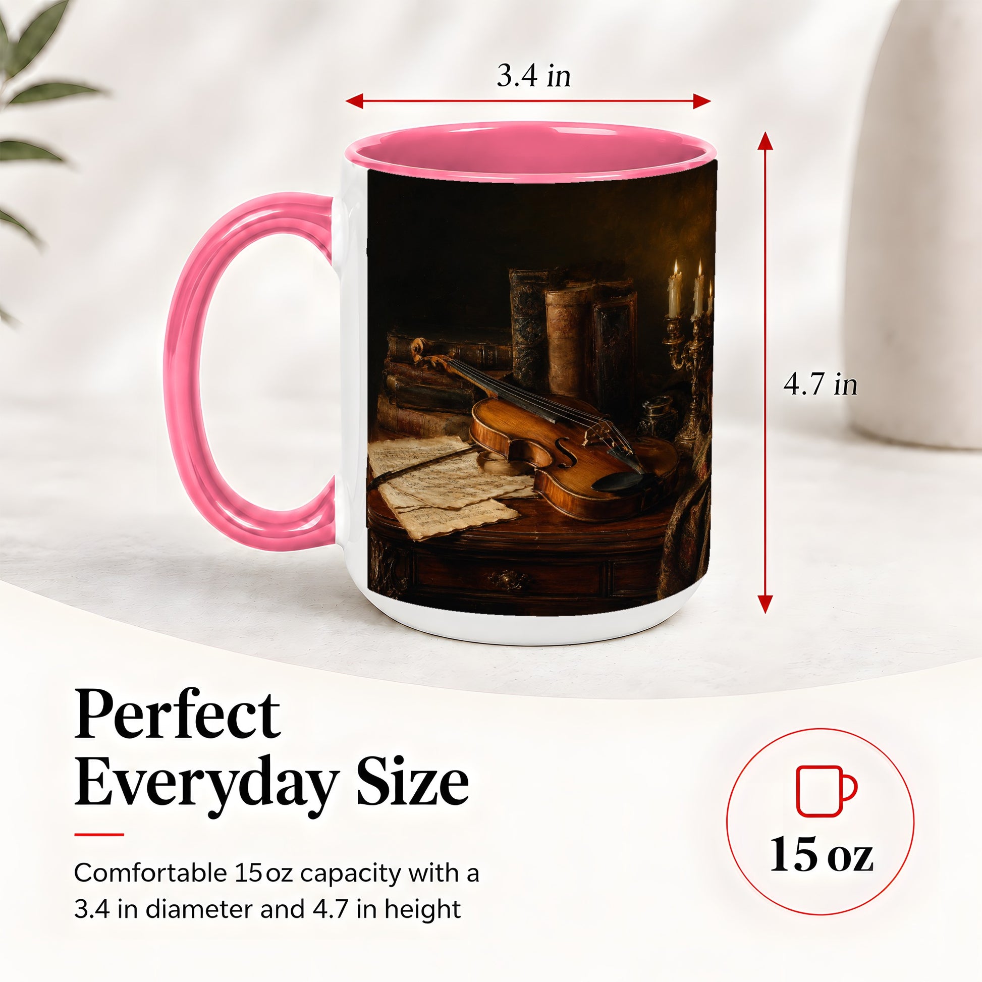 #pl[15oz|Pink] Violin Still Life Ceramic Mug, Candlelit Books and Sheet Music