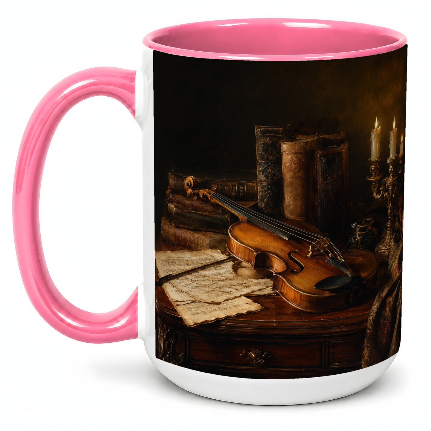 #pl[15oz|Pink] Violin Still Life Ceramic Mug, Candlelit Books and Sheet Music