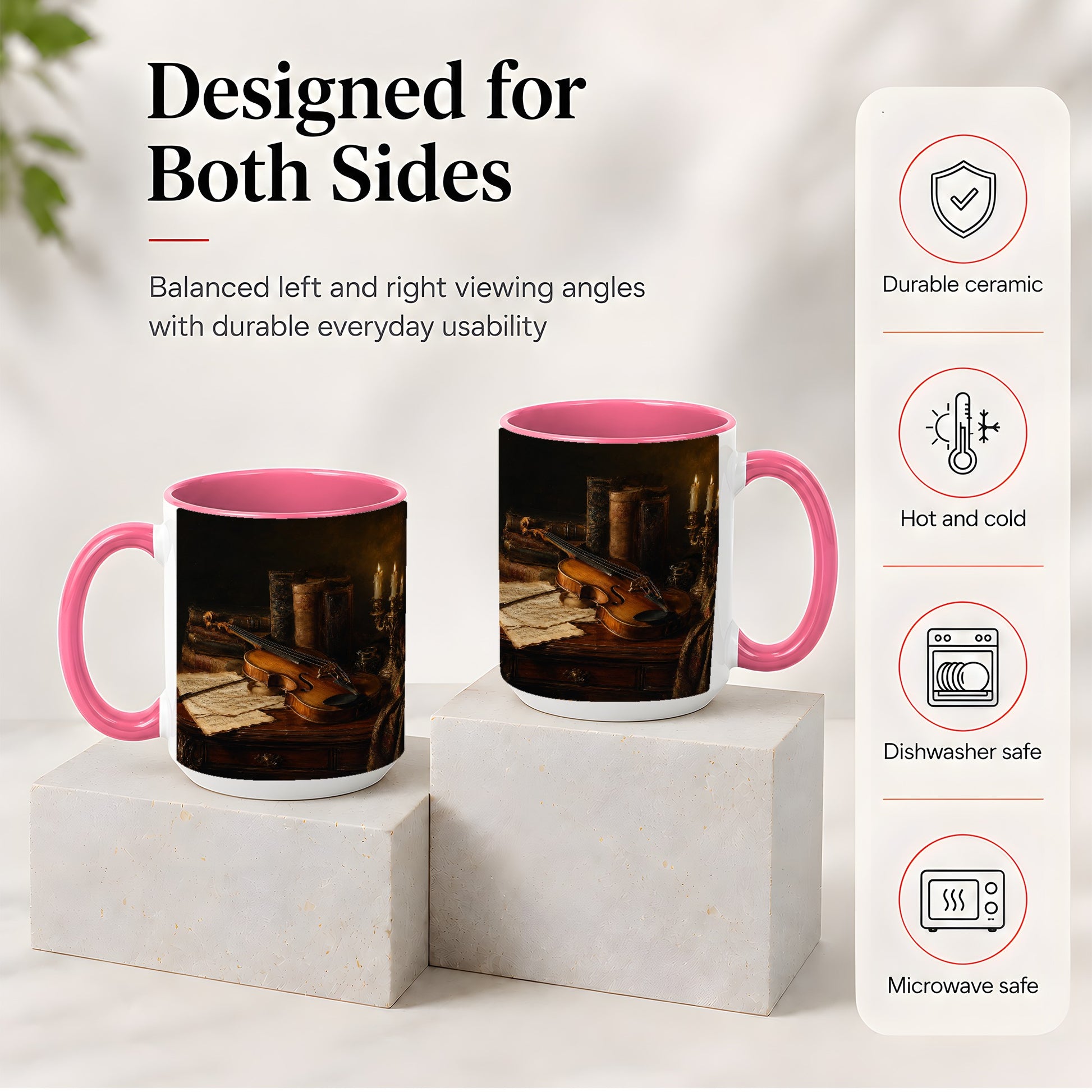 #pl[15oz|Pink] Violin Still Life Ceramic Mug, Candlelit Books and Sheet Music
