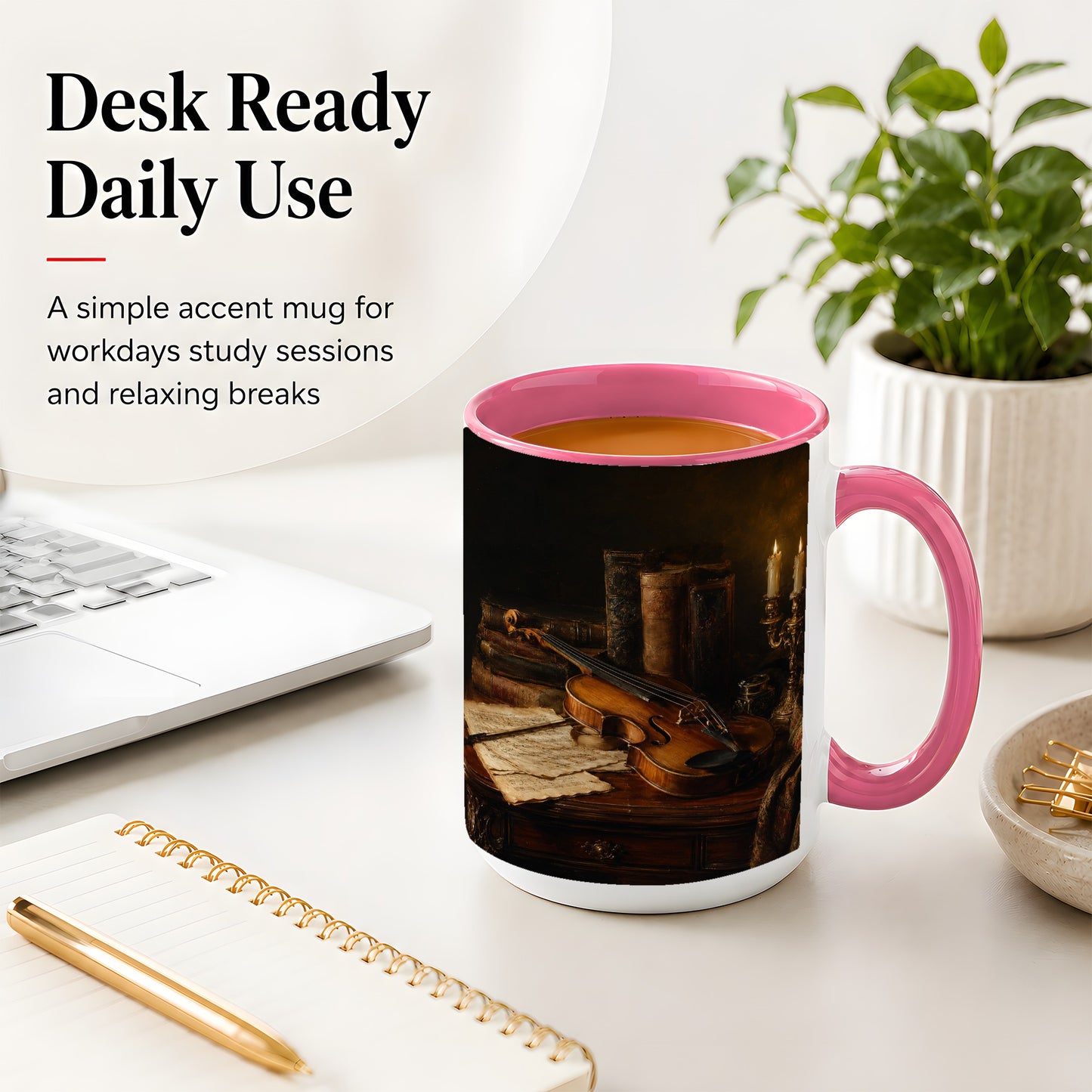 #pl[15oz|Pink] Violin Still Life Ceramic Mug, Candlelit Books and Sheet Music