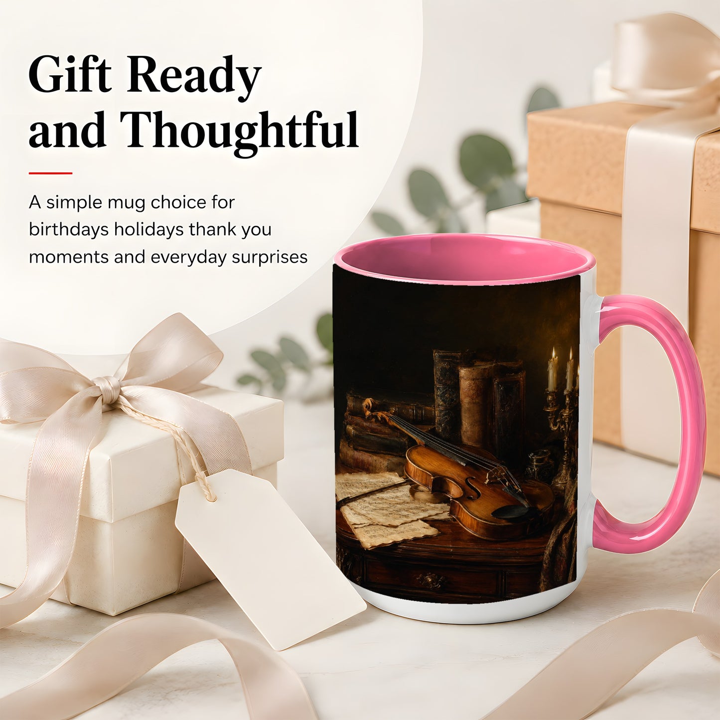 #pl[15oz|Pink] Violin Still Life Ceramic Mug, Candlelit Books and Sheet Music