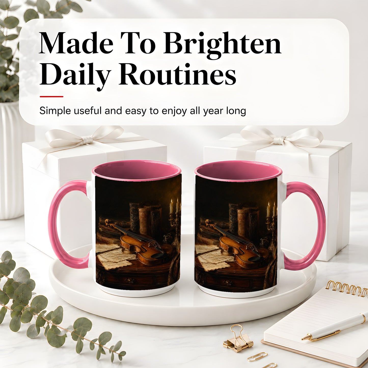 #pl[15oz|Pink] Violin Still Life Ceramic Mug, Candlelit Books and Sheet Music
