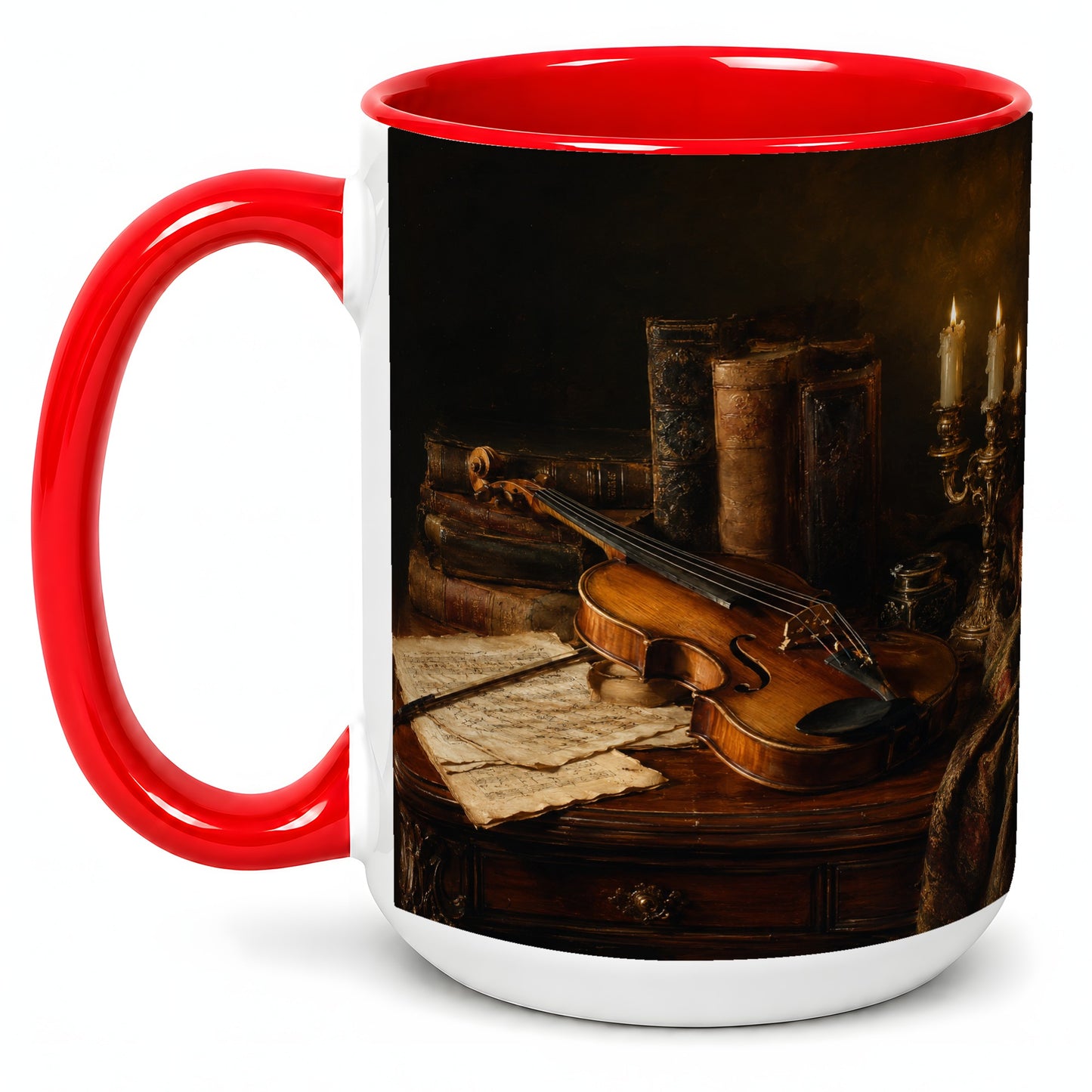 #pl[15oz|Red] Violin Still Life Ceramic Mug, Candlelit Books and Sheet Music