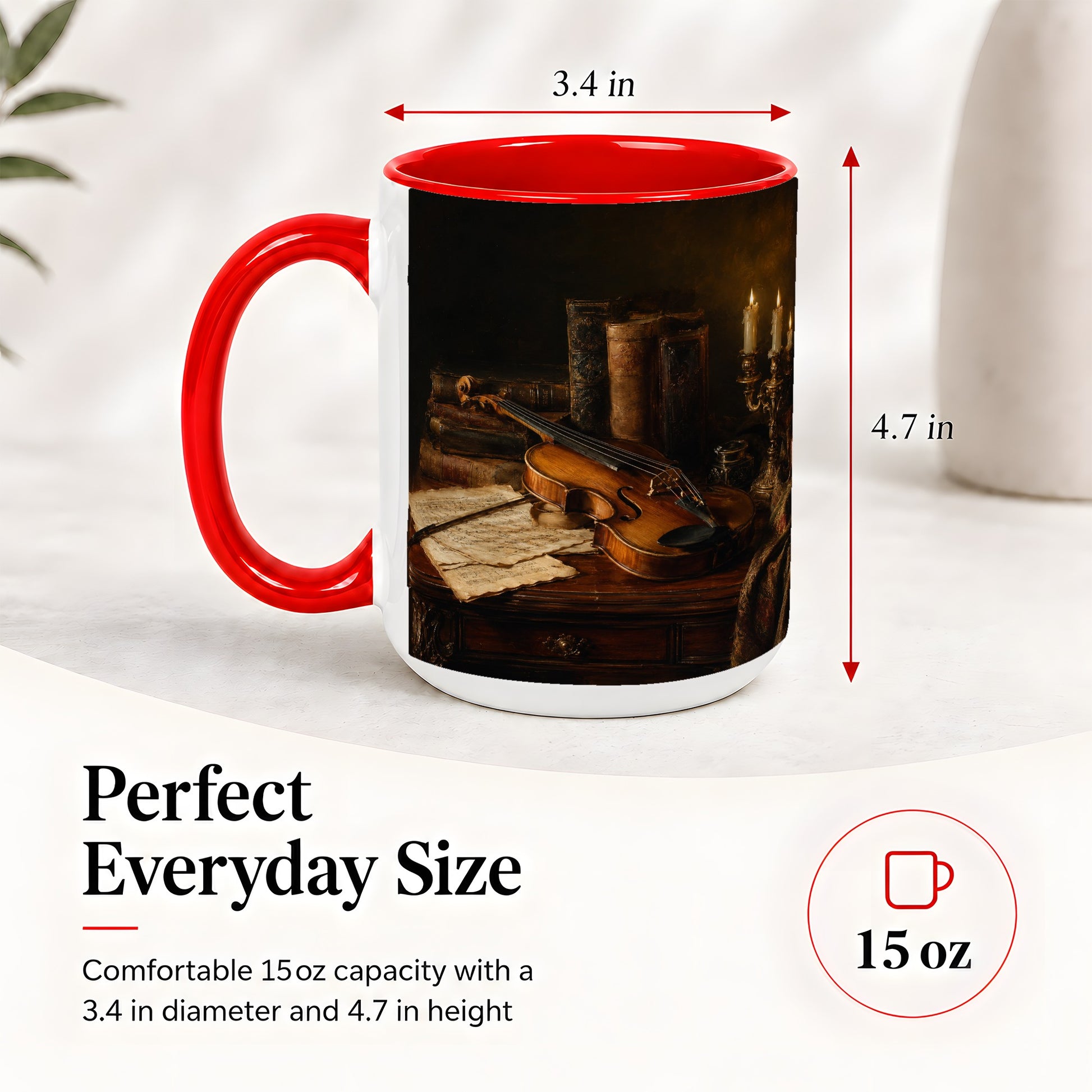 #pl[15oz|Red] Violin Still Life Ceramic Mug, Candlelit Books and Sheet Music