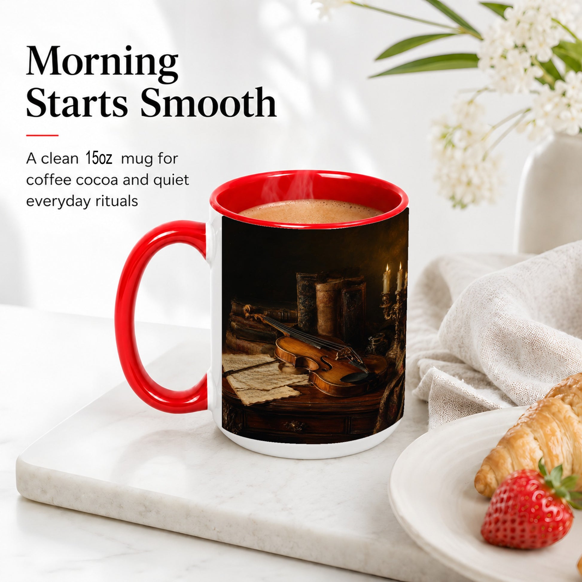 #pl[15oz|Red] Violin Still Life Ceramic Mug, Candlelit Books and Sheet Music