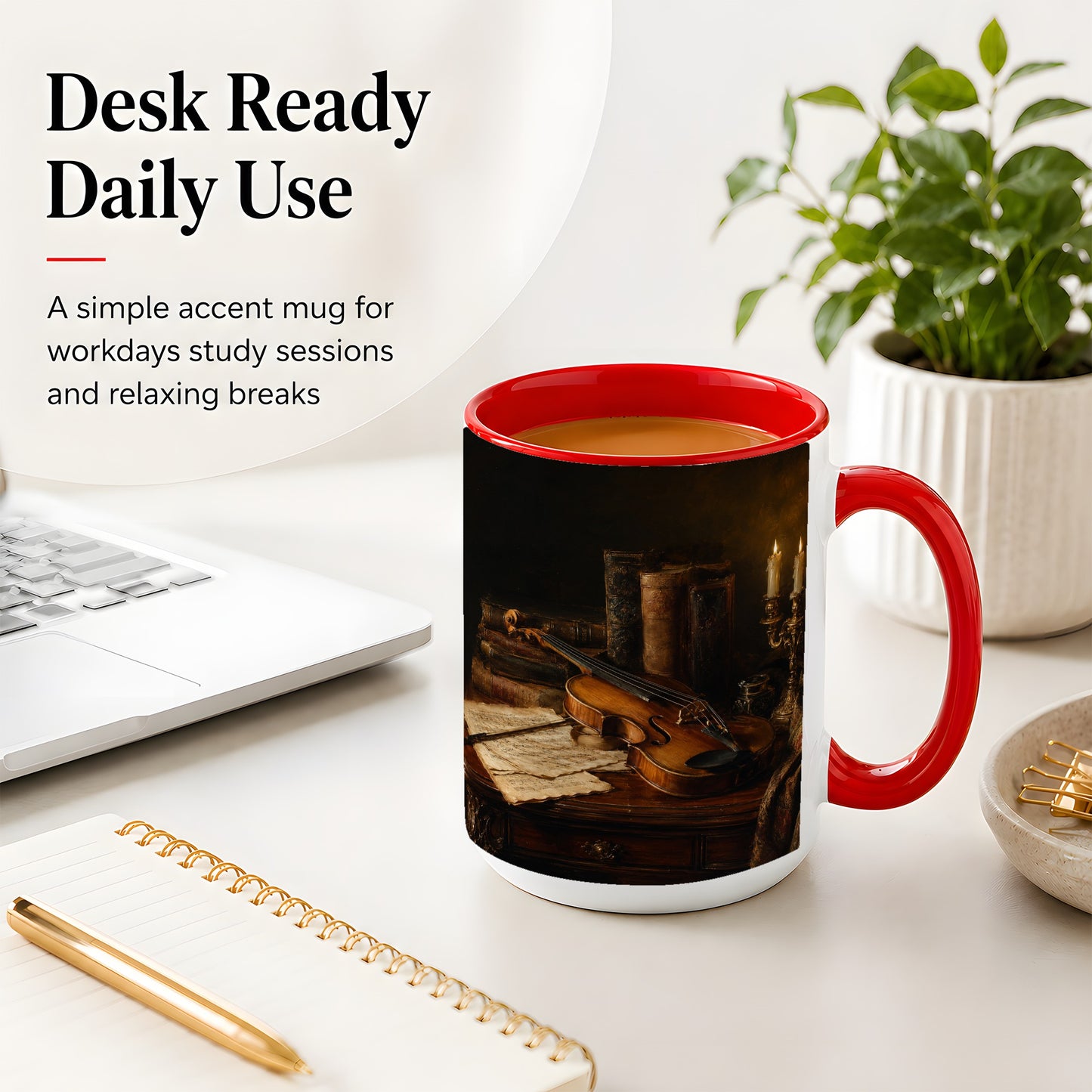 #pl[15oz|Red] Violin Still Life Ceramic Mug, Candlelit Books and Sheet Music