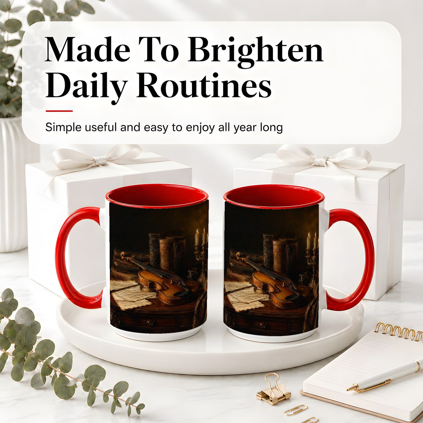 #pl[15oz|Red] Violin Still Life Ceramic Mug, Candlelit Books and Sheet Music