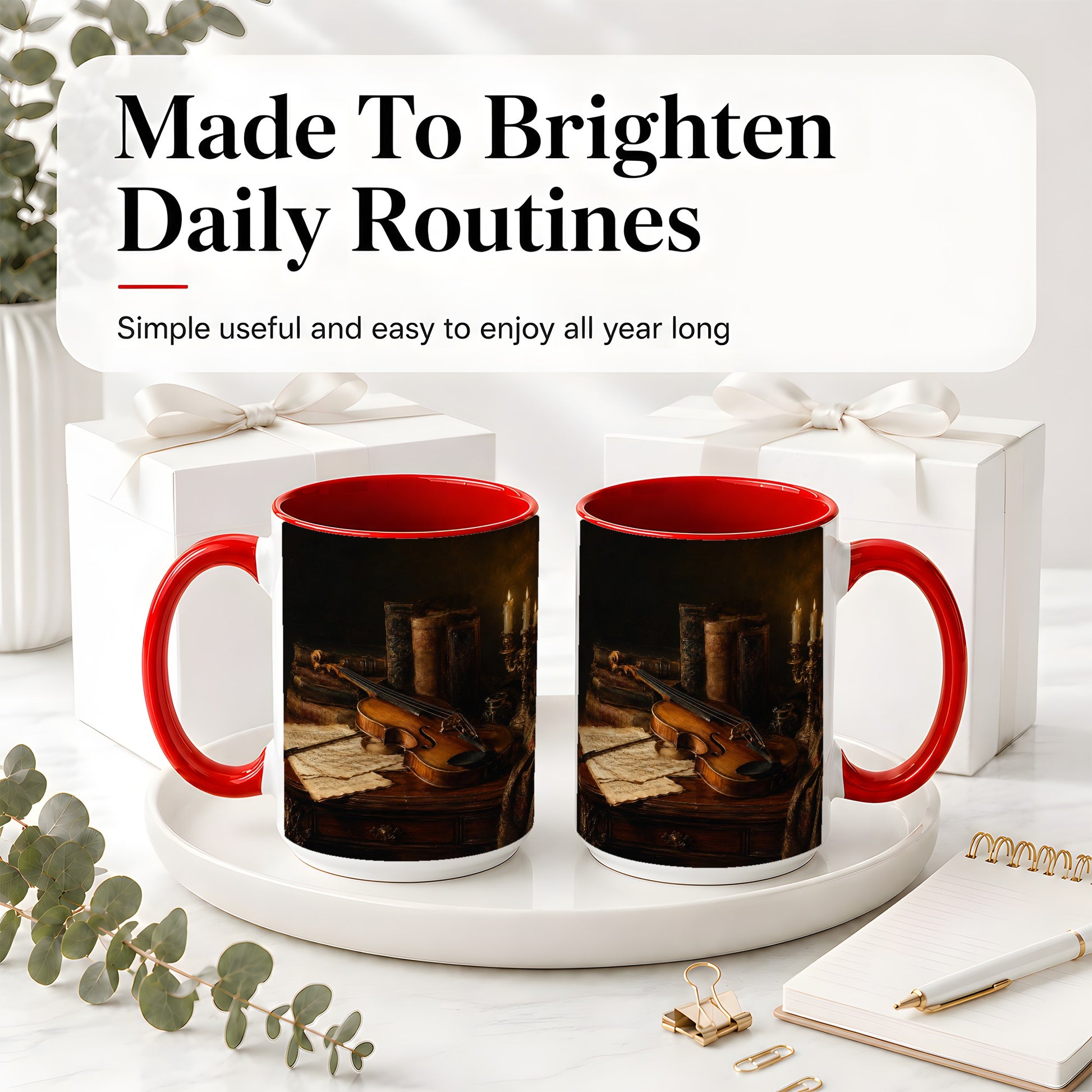 #pl[15oz|Red] Violin Still Life Ceramic Mug, Candlelit Books and Sheet Music