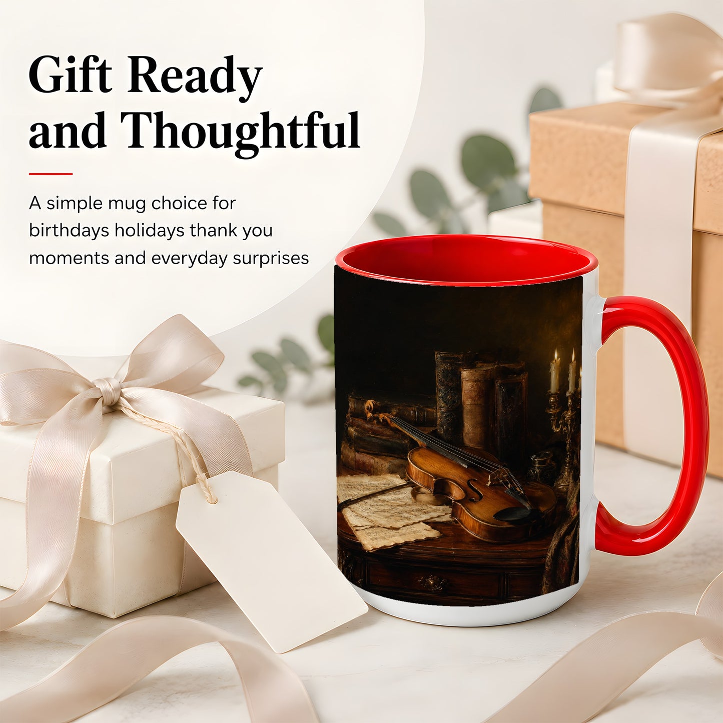 #pl[15oz|Red] Violin Still Life Ceramic Mug, Candlelit Books and Sheet Music
