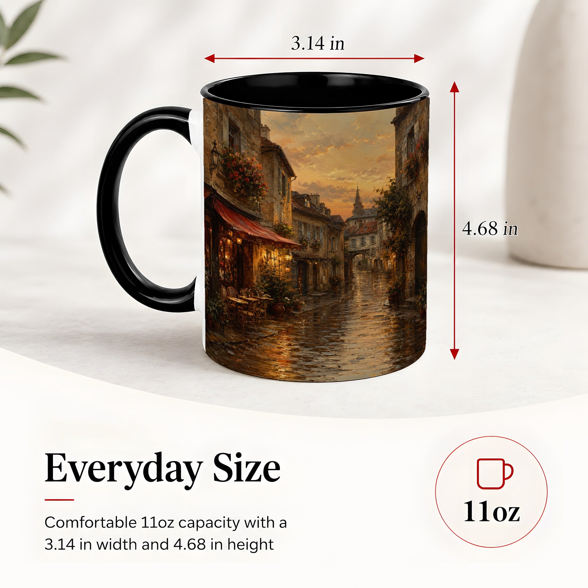 #pl[11oz|Black] Rainy Old Town Ceramic Mug, Cozy European Cafe Street Scene