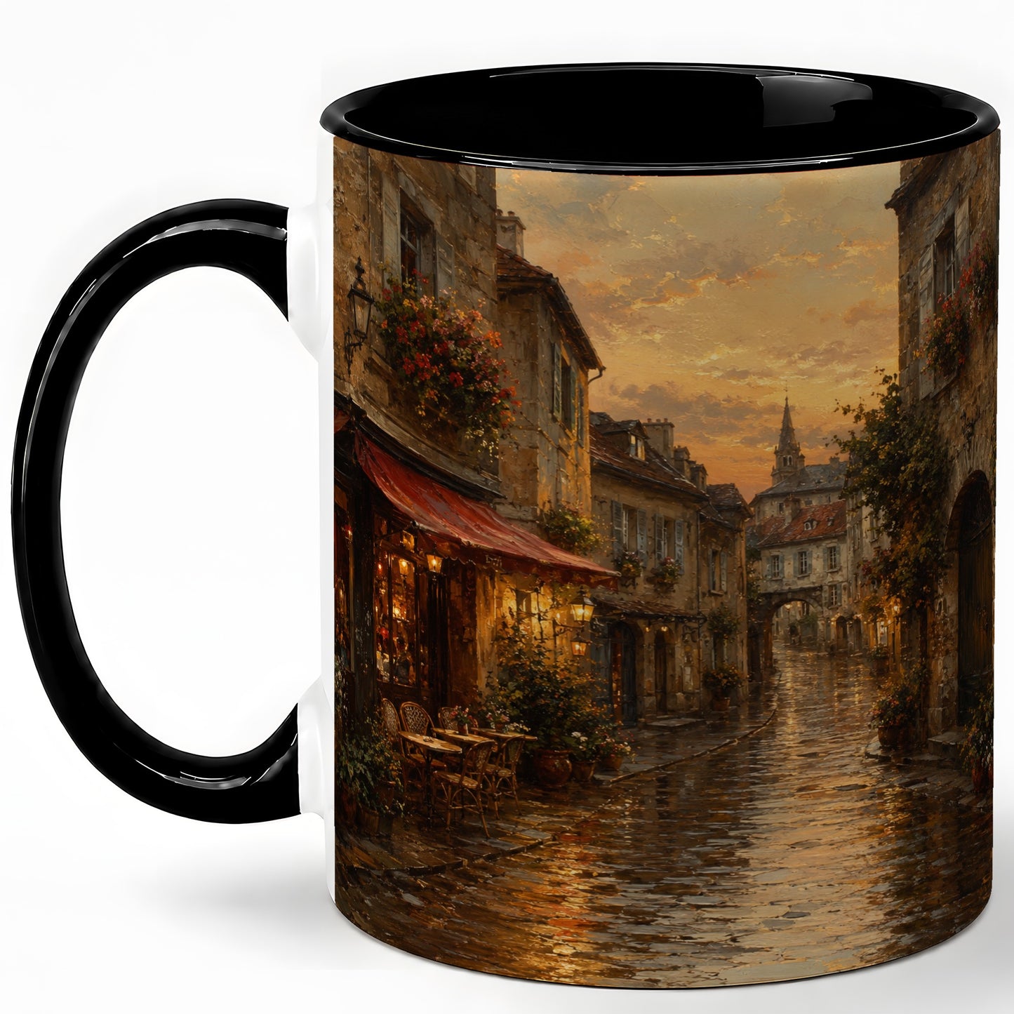 #pl[11oz|Black] Rainy Old Town Ceramic Mug, Cozy European Cafe Street Scene