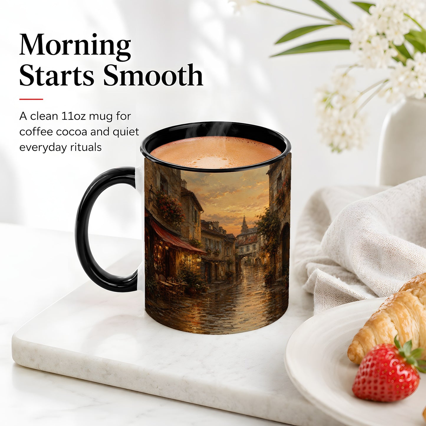 #pl[11oz|Black] Rainy Old Town Ceramic Mug, Cozy European Cafe Street Scene