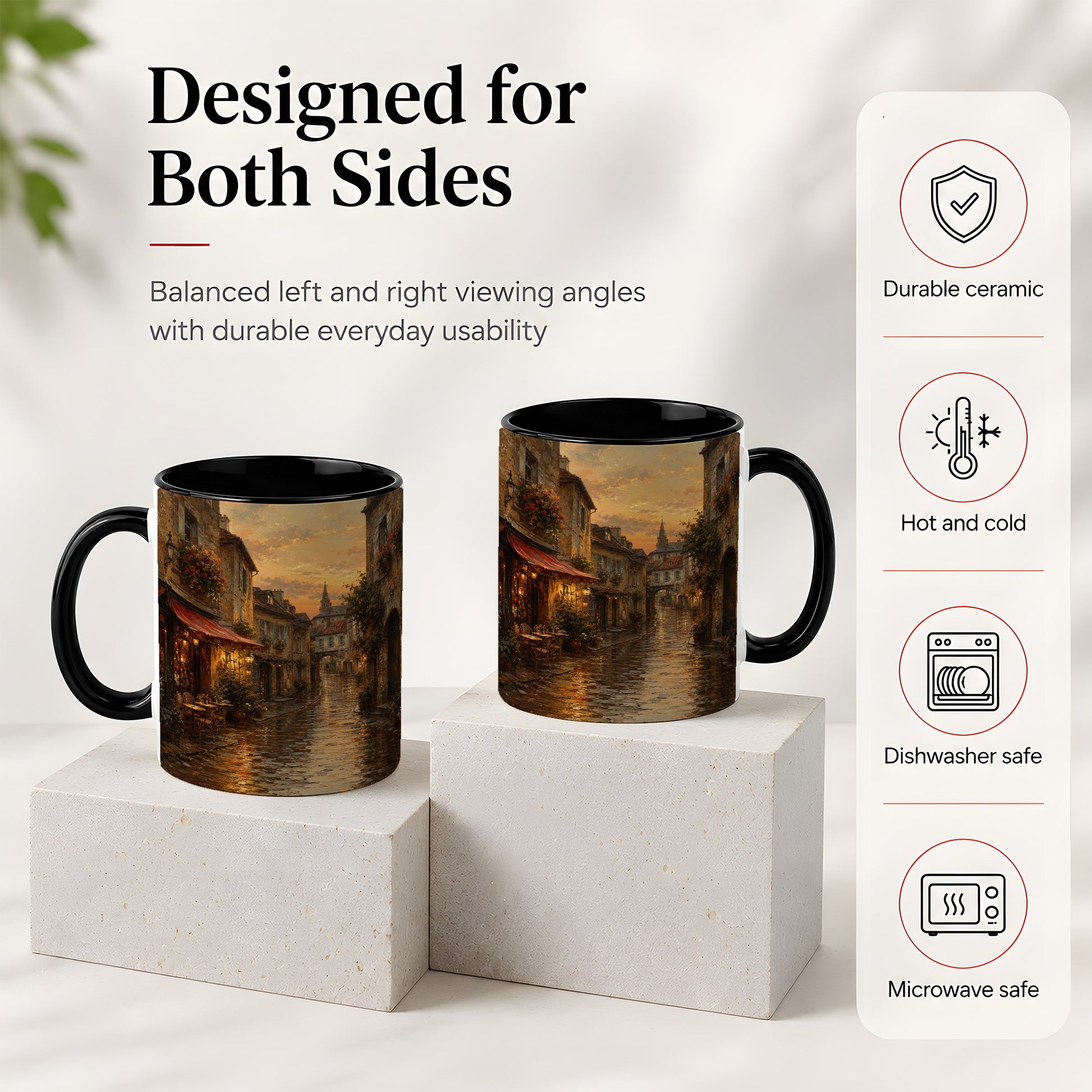 #pl[11oz|Black] Rainy Old Town Ceramic Mug, Cozy European Cafe Street Scene