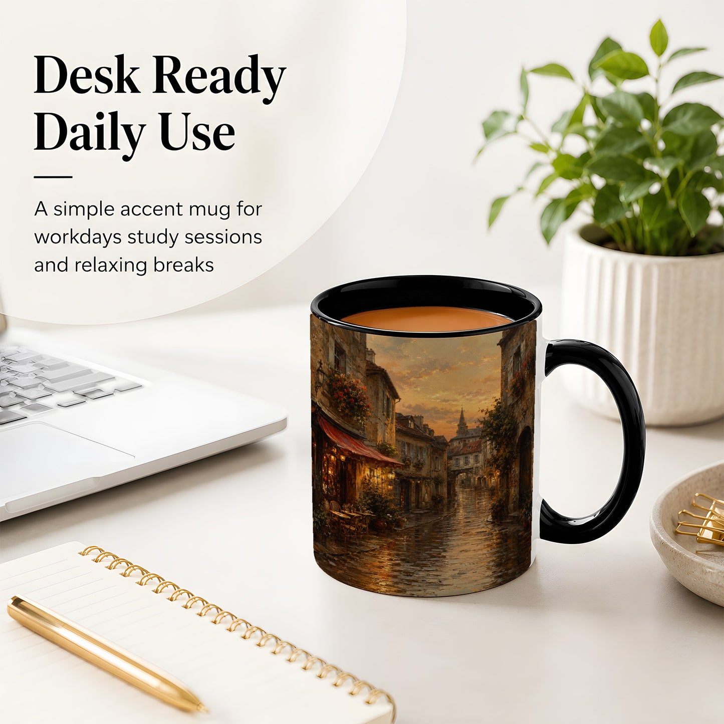 #pl[11oz|Black] Rainy Old Town Ceramic Mug, Cozy European Cafe Street Scene