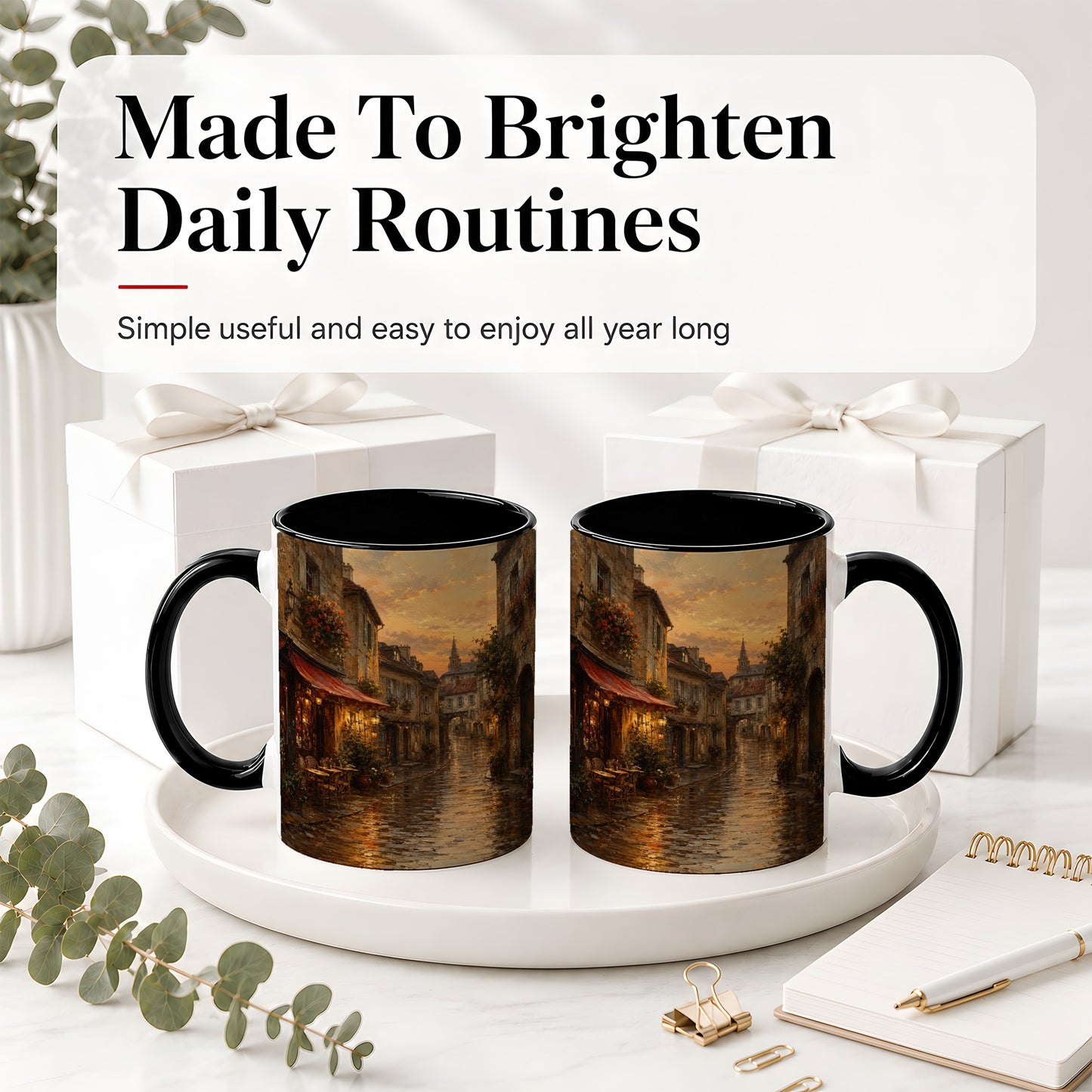 #pl[11oz|Black] Rainy Old Town Ceramic Mug, Cozy European Cafe Street Scene