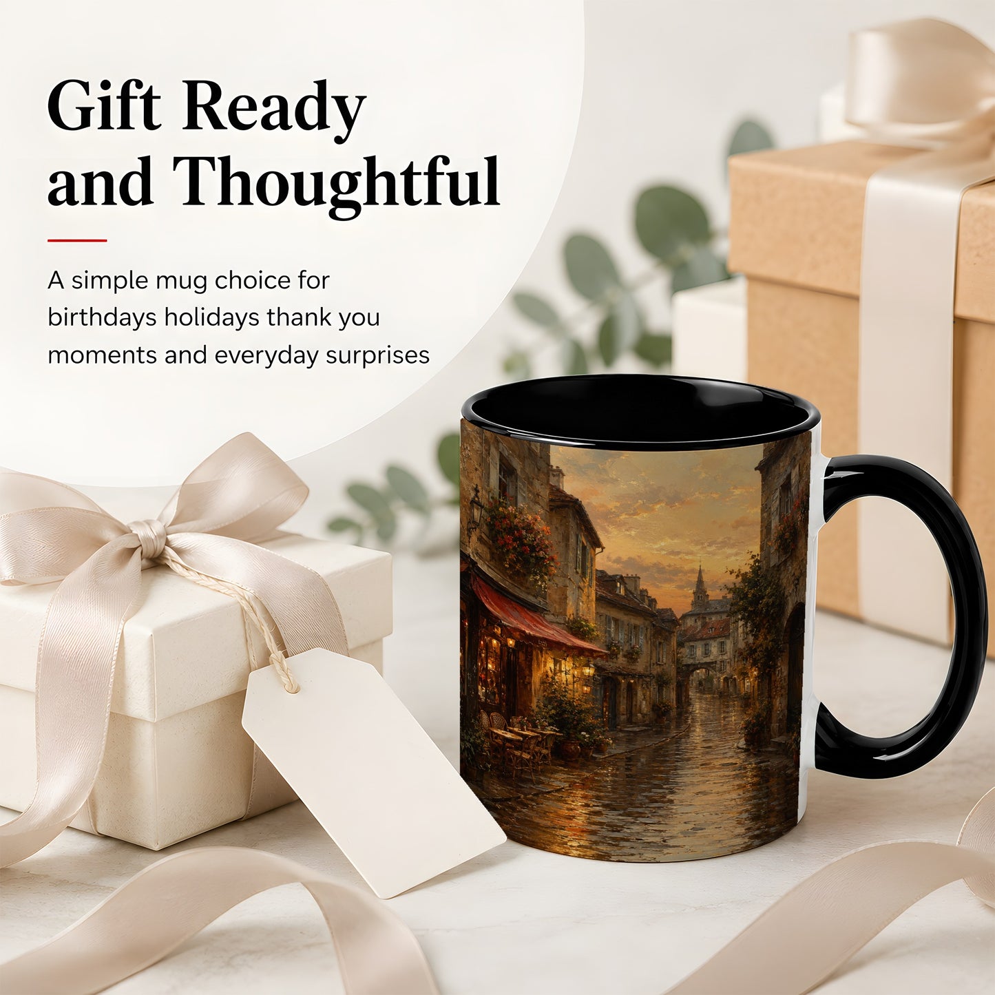 #pl[11oz|Black] Rainy Old Town Ceramic Mug, Cozy European Cafe Street Scene