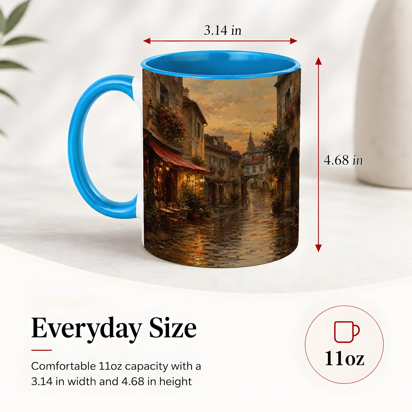 #pl[11oz|Blue] Rainy Old Town Ceramic Mug, Cozy European Cafe Street Scene
