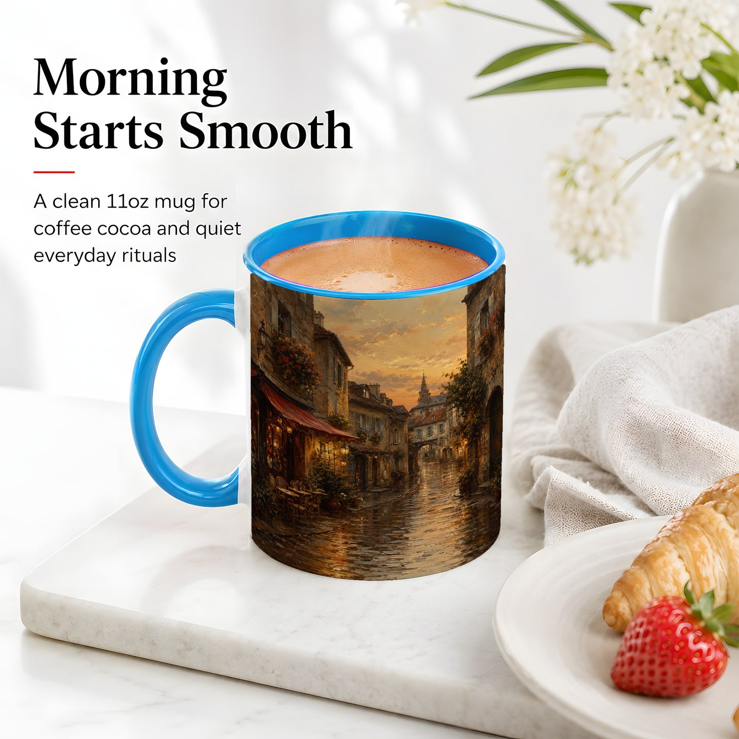 #pl[11oz|Blue] Rainy Old Town Ceramic Mug, Cozy European Cafe Street Scene