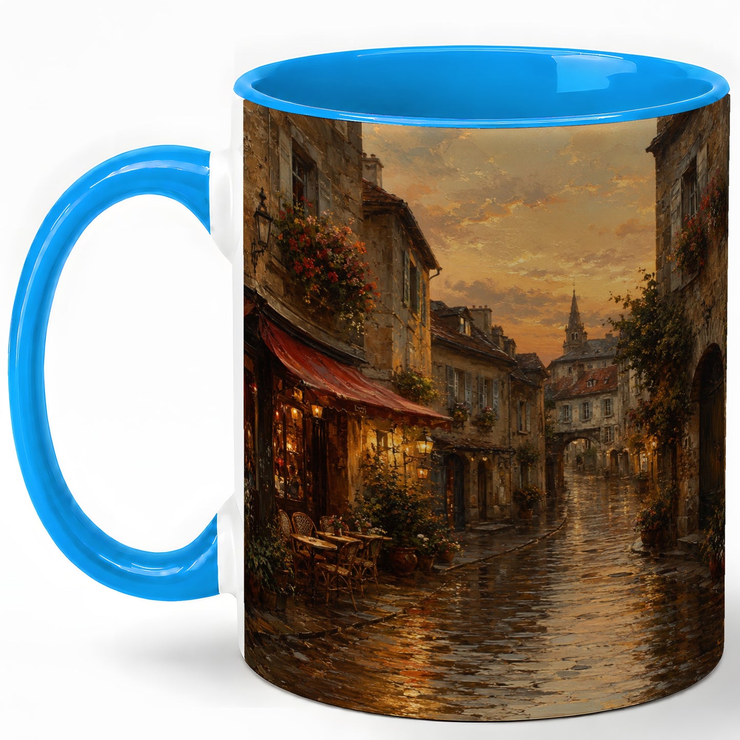 #pl[11oz|Blue] Rainy Old Town Ceramic Mug, Cozy European Cafe Street Scene