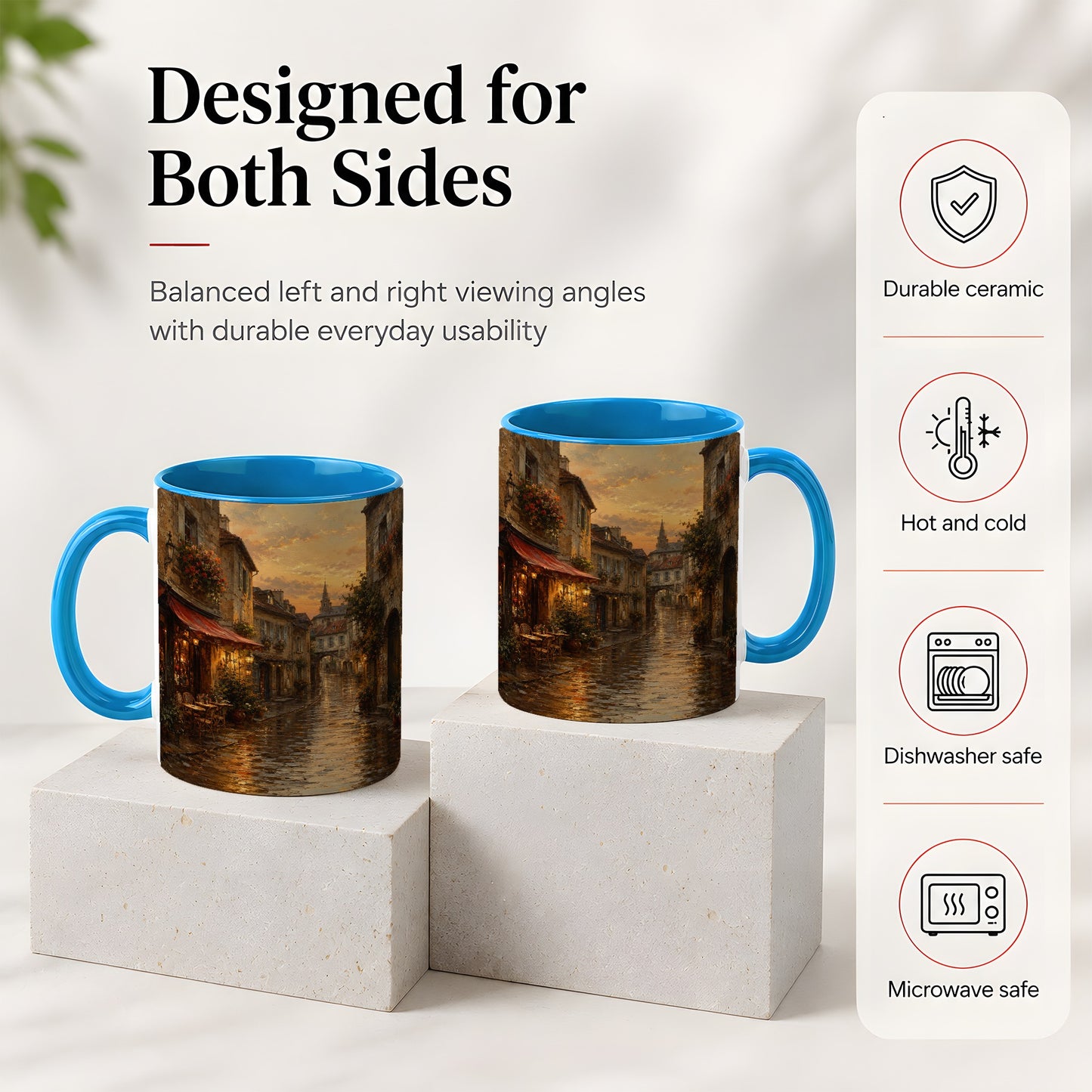 #pl[11oz|Blue] Rainy Old Town Ceramic Mug, Cozy European Cafe Street Scene