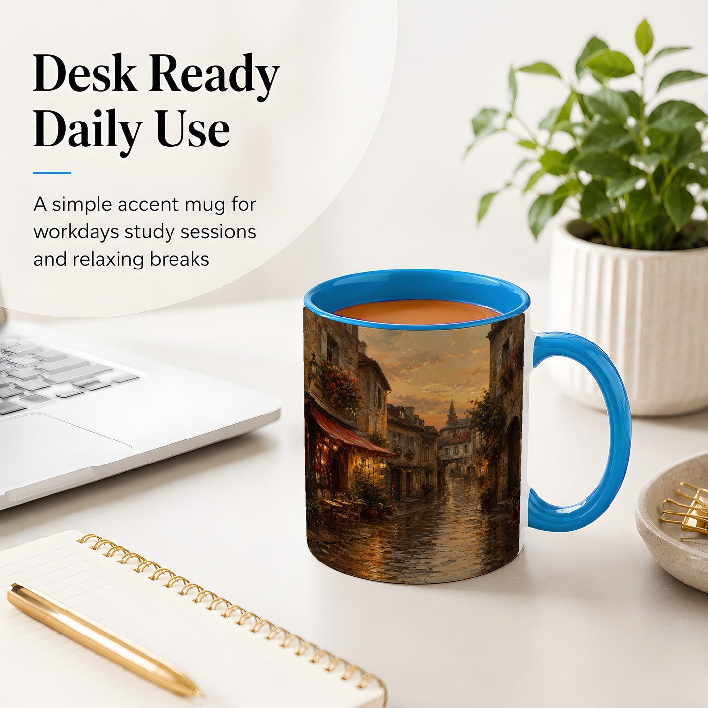 #pl[11oz|Blue] Rainy Old Town Ceramic Mug, Cozy European Cafe Street Scene
