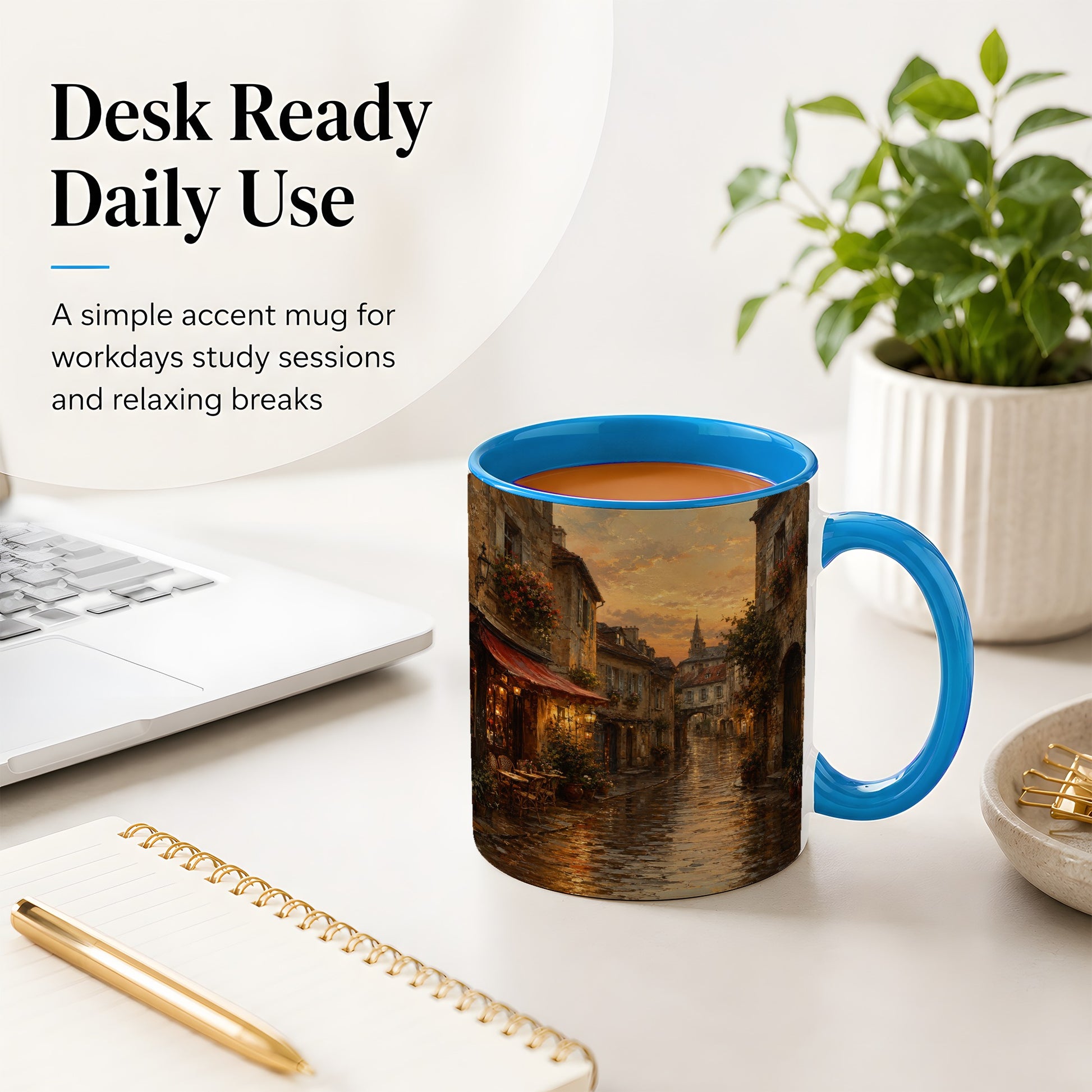 #pl[11oz|Blue] Rainy Old Town Ceramic Mug, Cozy European Cafe Street Scene