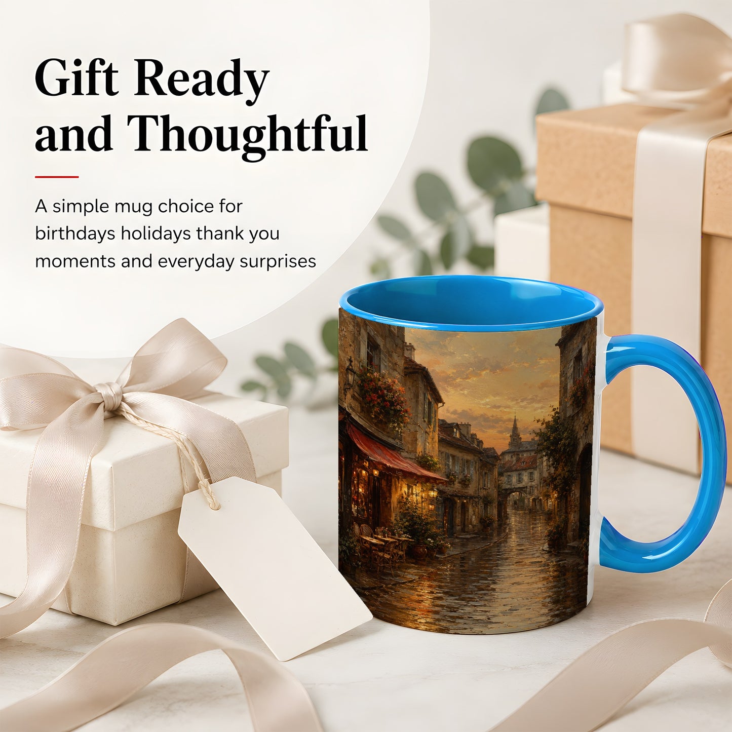 #pl[11oz|Blue] Rainy Old Town Ceramic Mug, Cozy European Cafe Street Scene