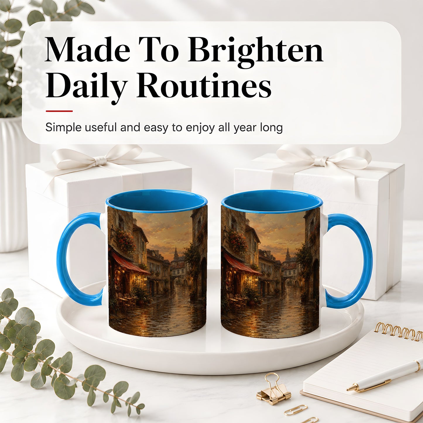 #pl[11oz|Blue] Rainy Old Town Ceramic Mug, Cozy European Cafe Street Scene
