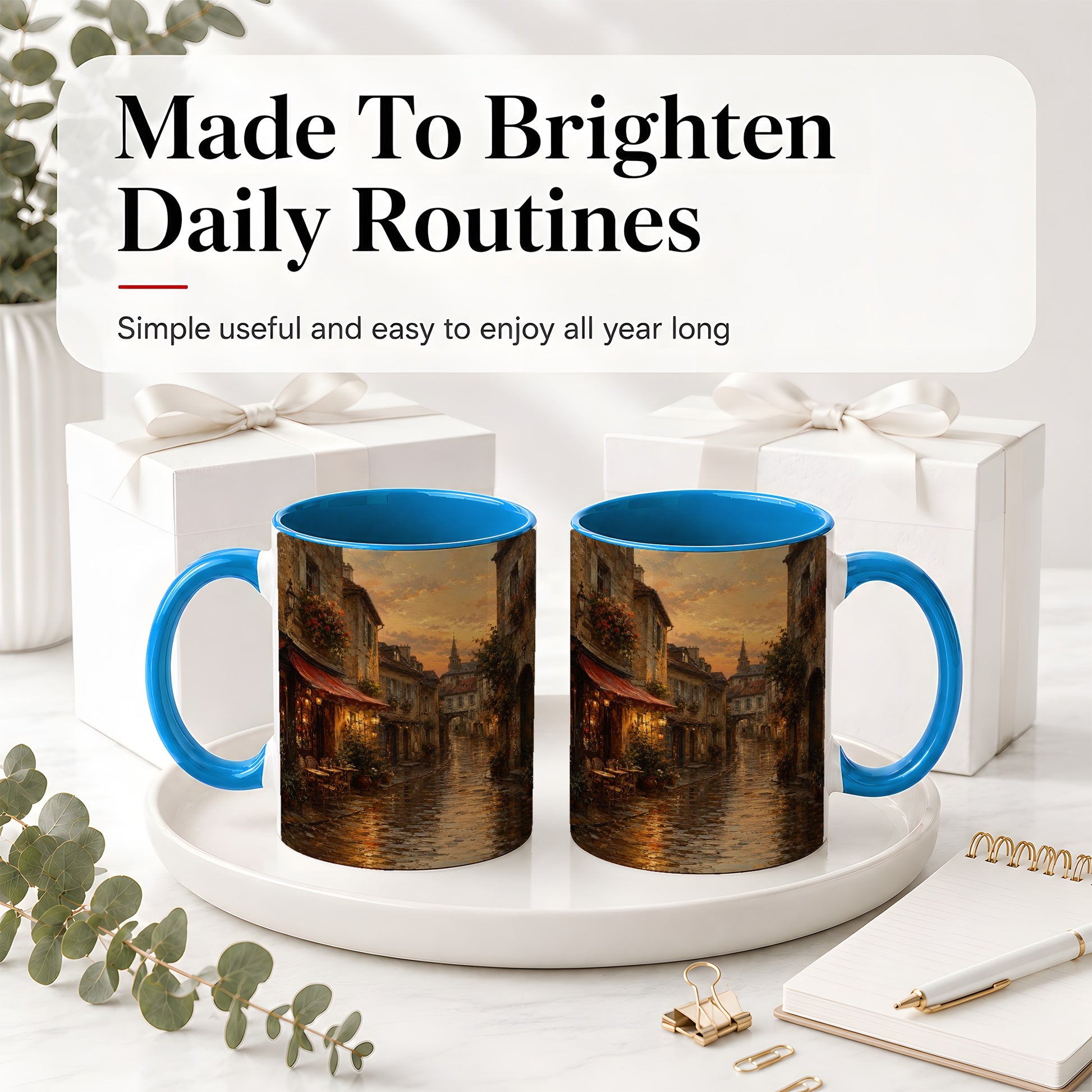 #pl[11oz|Blue] Rainy Old Town Ceramic Mug, Cozy European Cafe Street Scene