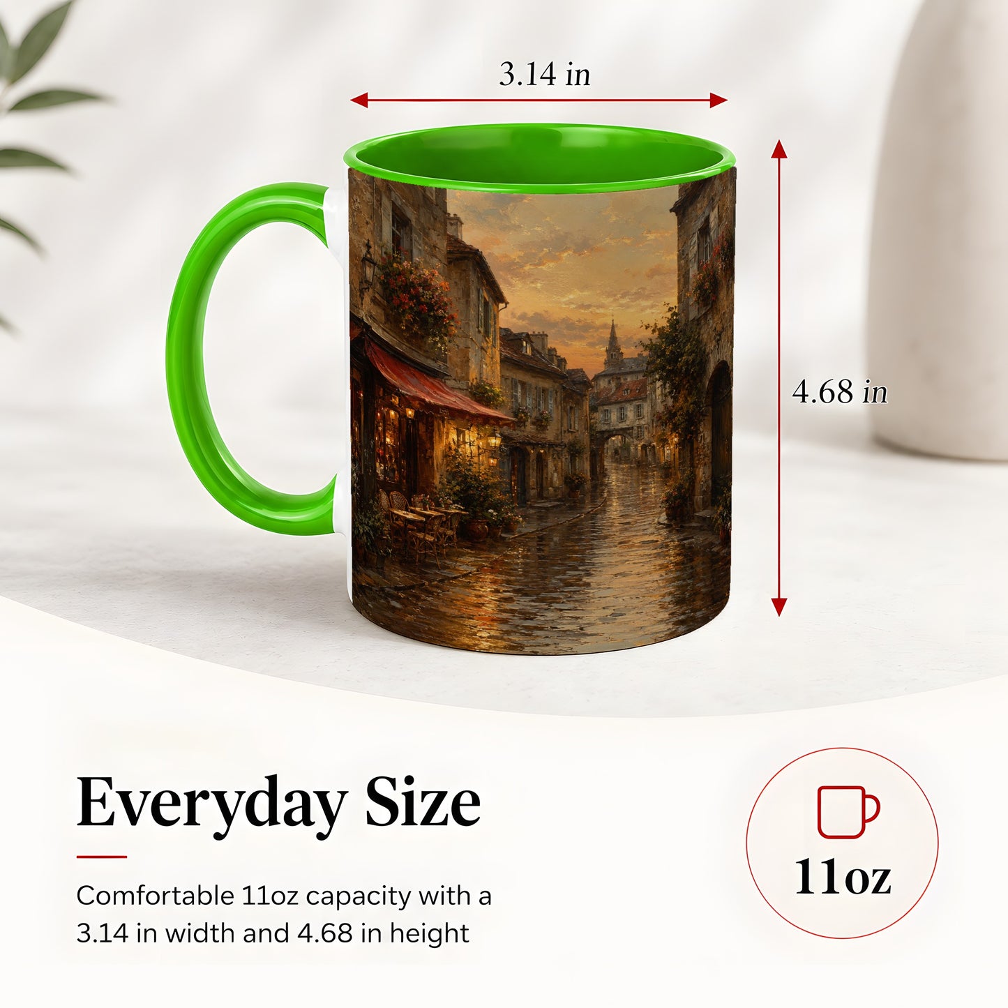 #pl[11oz|Green] Rainy Old Town Ceramic Mug, Cozy European Cafe Street Scene