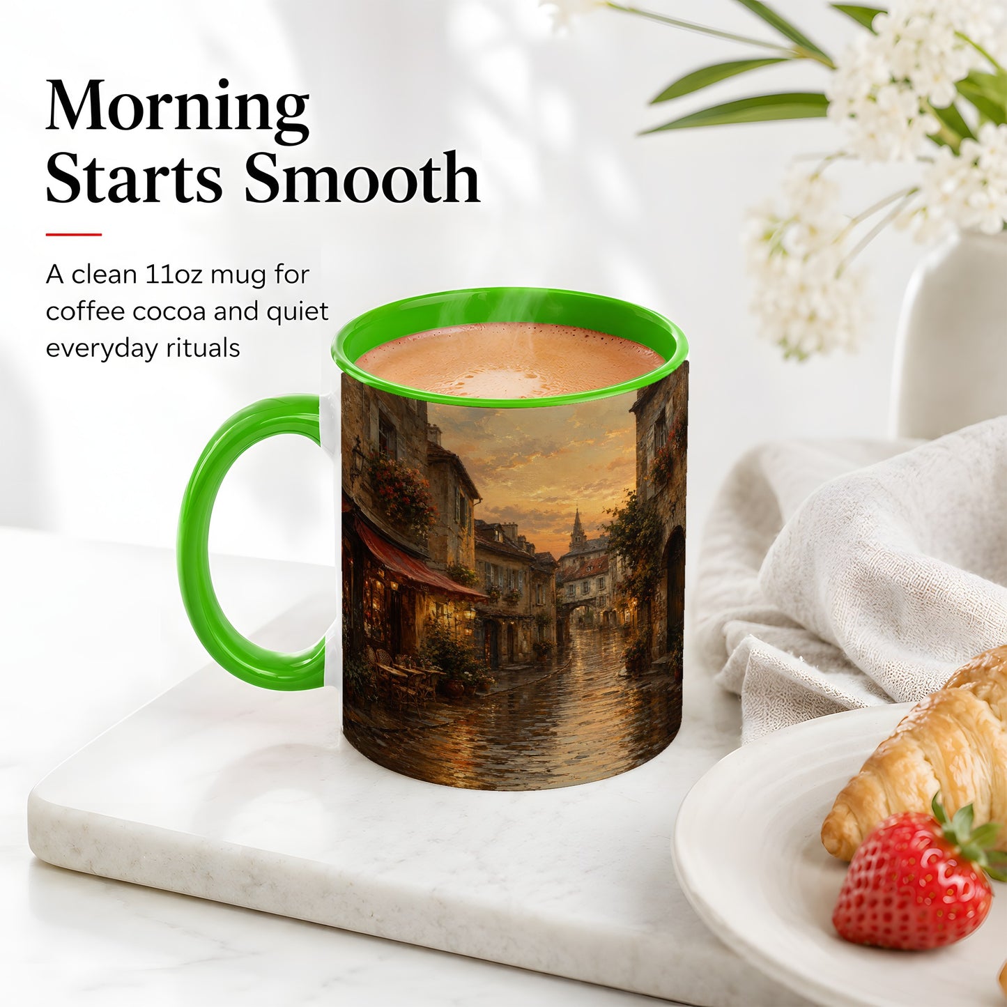 #pl[11oz|Green] Rainy Old Town Ceramic Mug, Cozy European Cafe Street Scene