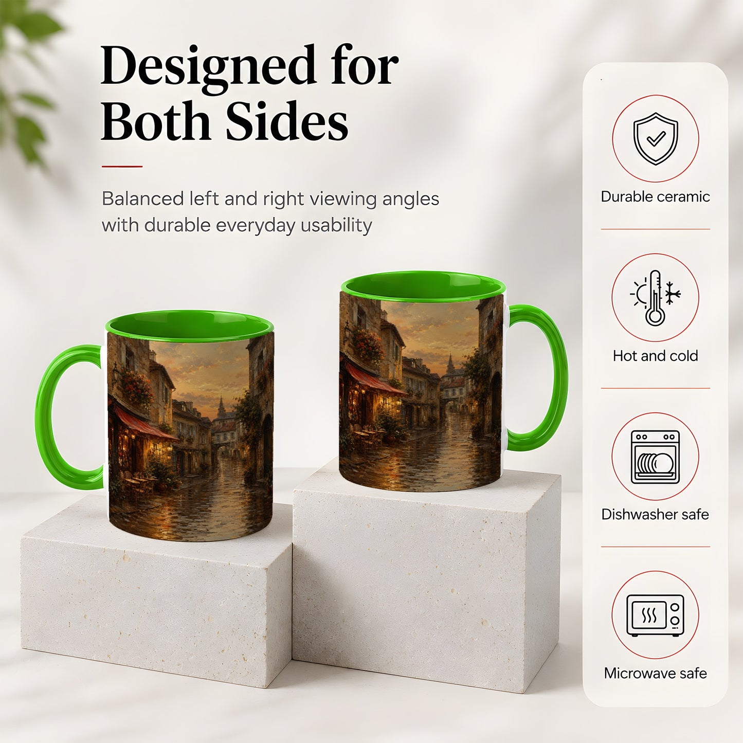 #pl[11oz|Green] Rainy Old Town Ceramic Mug, Cozy European Cafe Street Scene