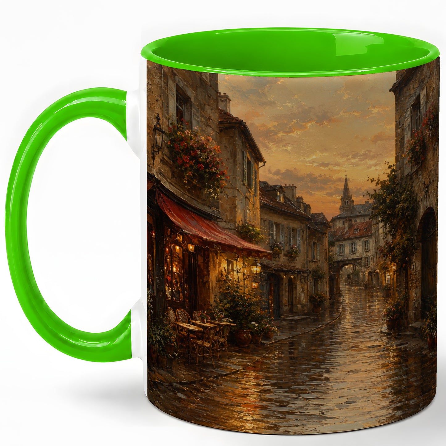 #pl[11oz|Green] Rainy Old Town Ceramic Mug, Cozy European Cafe Street Scene