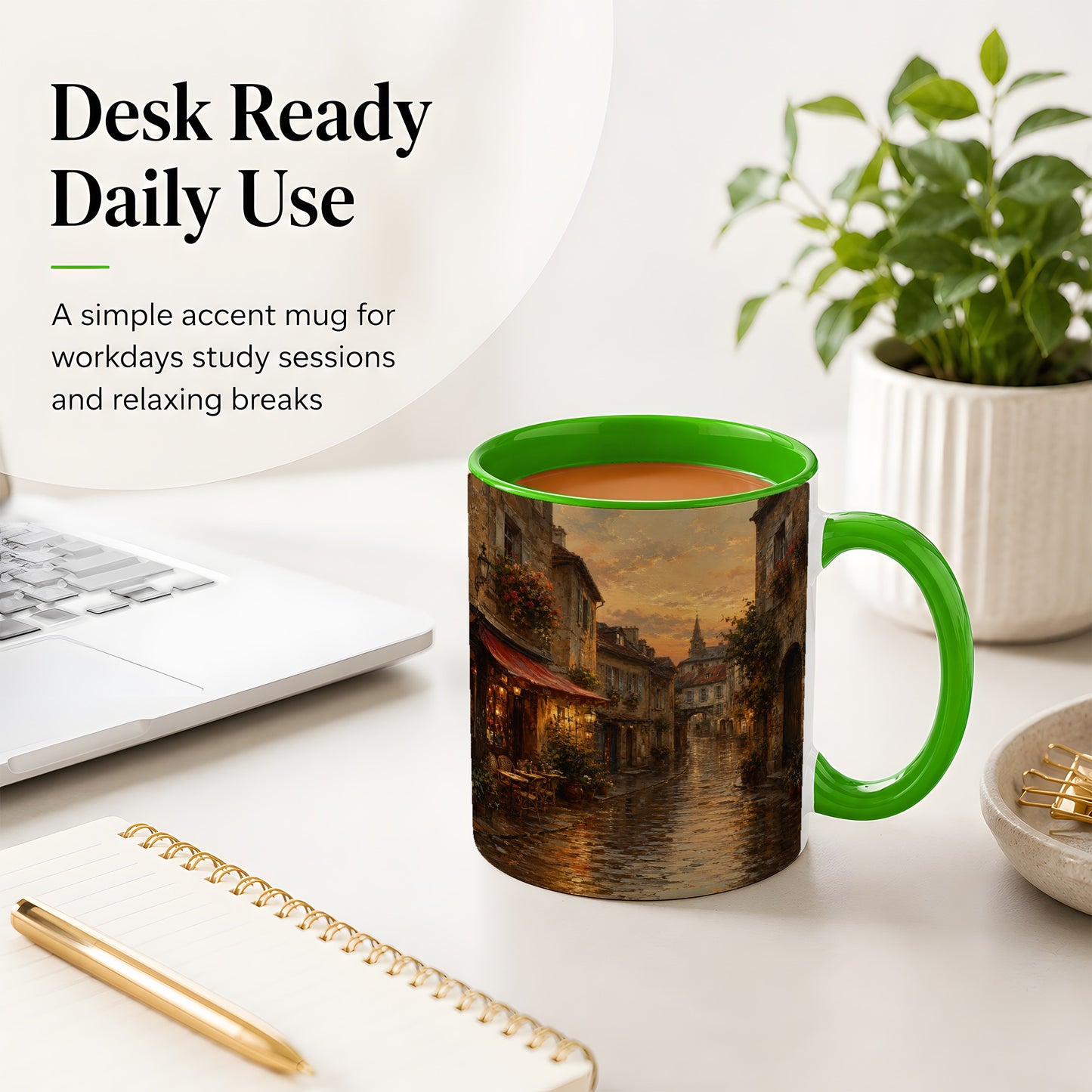 #pl[11oz|Green] Rainy Old Town Ceramic Mug, Cozy European Cafe Street Scene