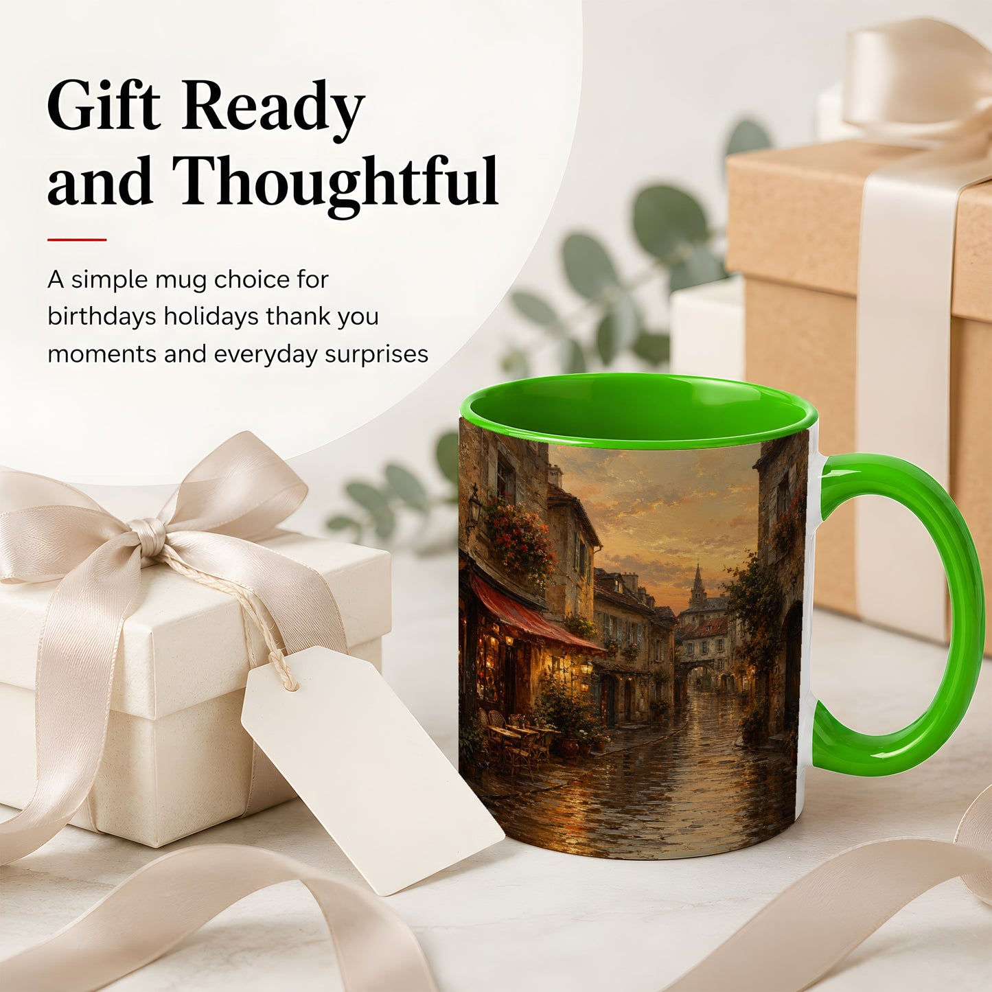 #pl[11oz|Green] Rainy Old Town Ceramic Mug, Cozy European Cafe Street Scene