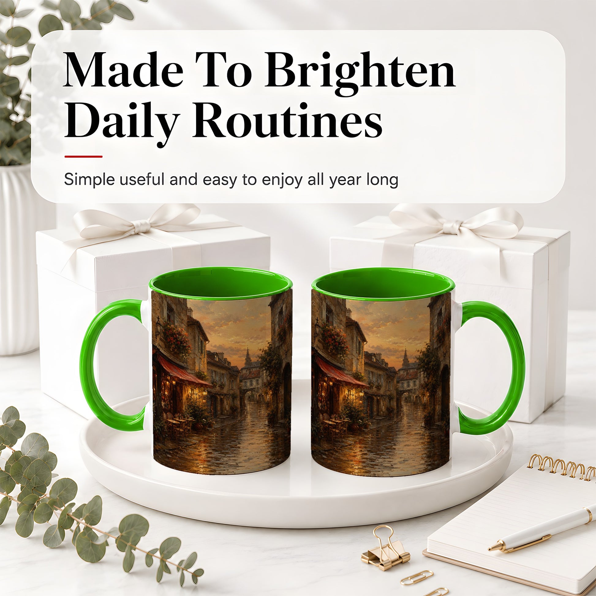 #pl[11oz|Green] Rainy Old Town Ceramic Mug, Cozy European Cafe Street Scene