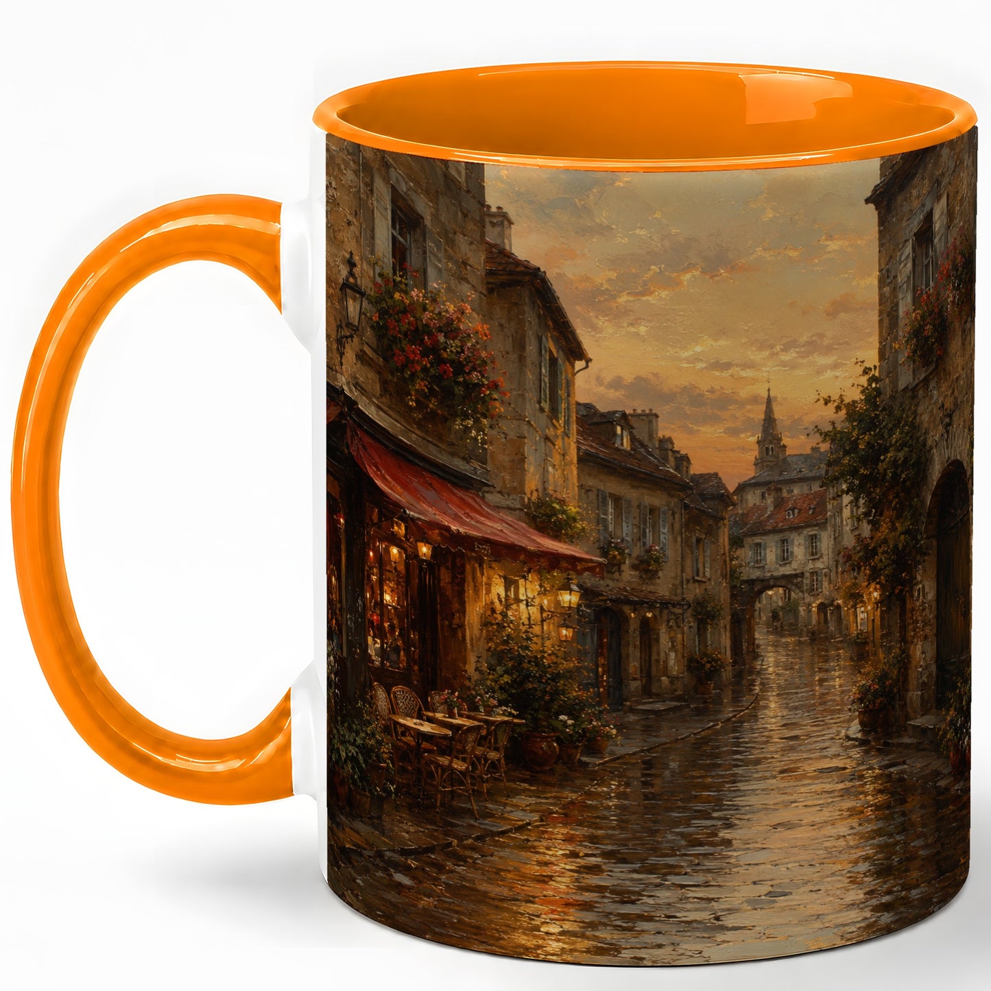 #pl[11oz|Orange] Rainy Old Town Ceramic Mug, Cozy European Cafe Street Scene