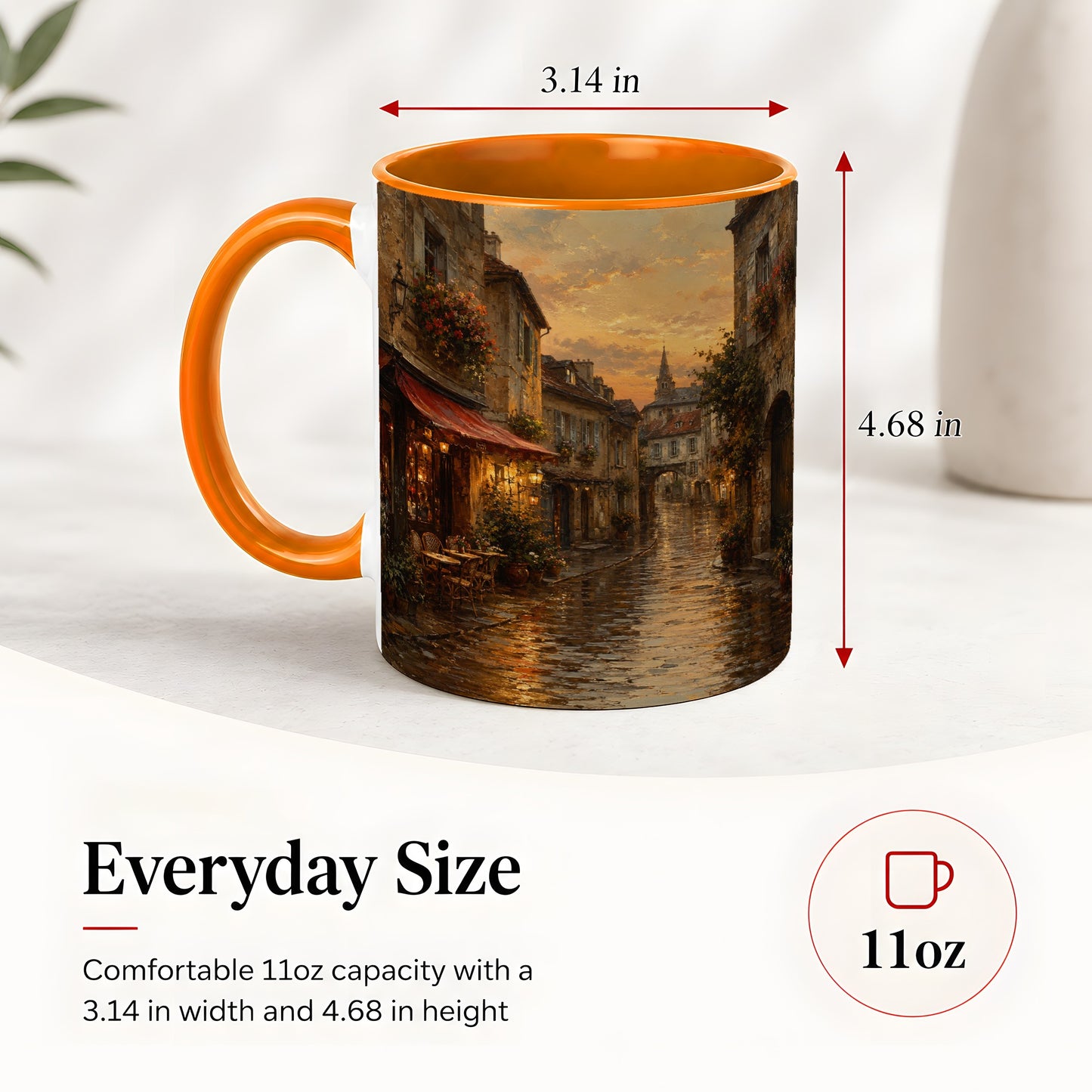 #pl[11oz|Orange] Rainy Old Town Ceramic Mug, Cozy European Cafe Street Scene