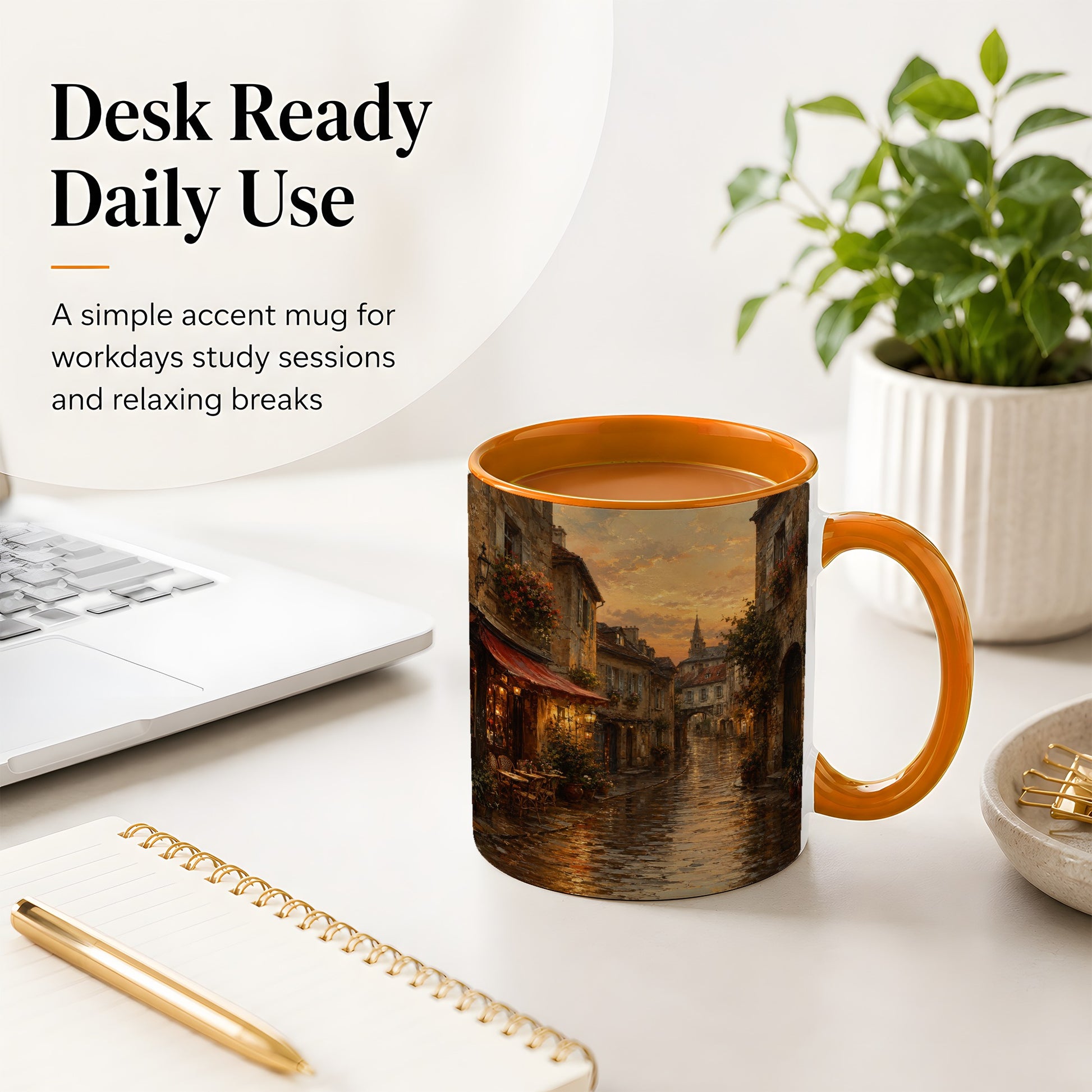 #pl[11oz|Orange] Rainy Old Town Ceramic Mug, Cozy European Cafe Street Scene