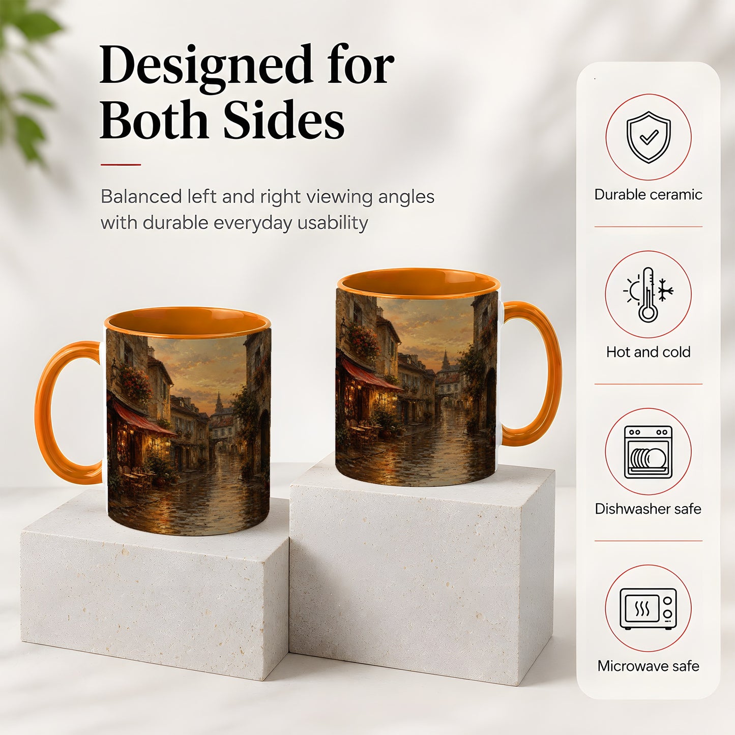 #pl[11oz|Orange] Rainy Old Town Ceramic Mug, Cozy European Cafe Street Scene