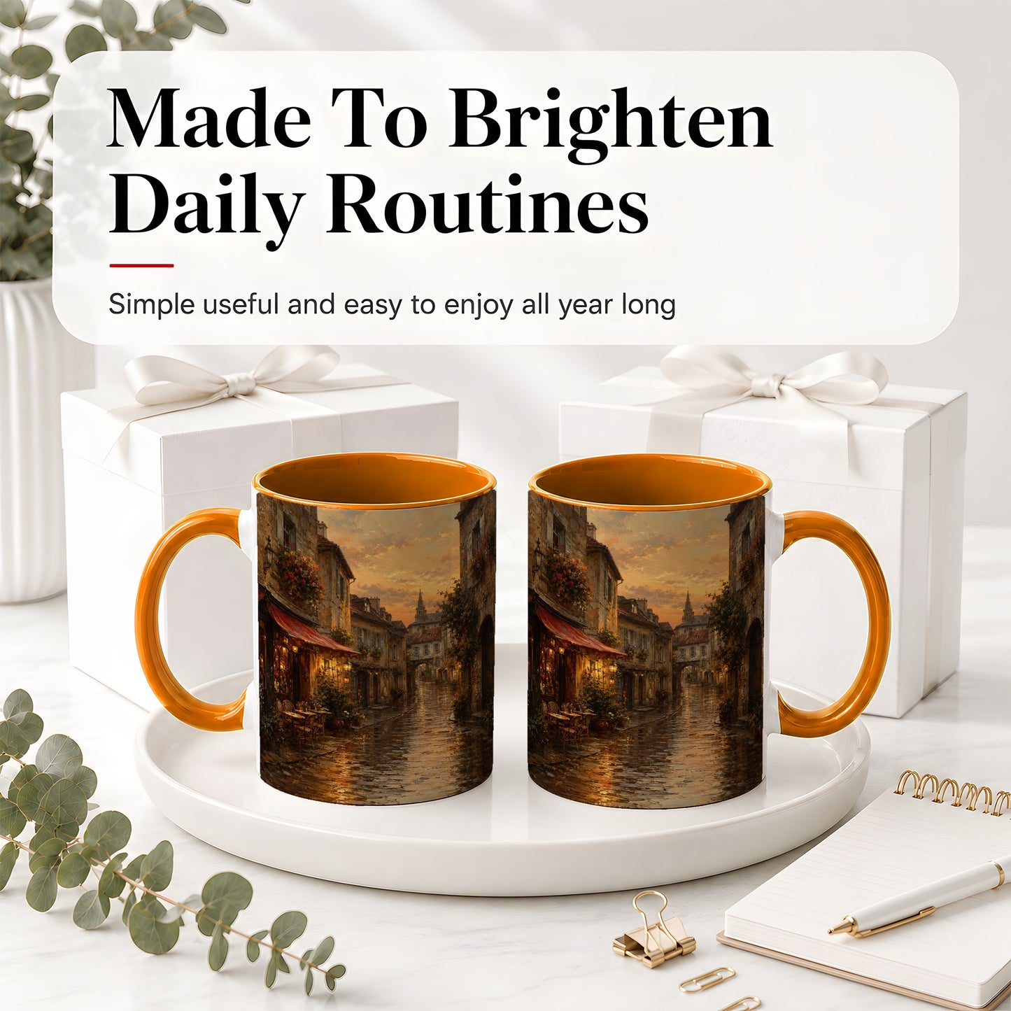 #pl[11oz|Orange] Rainy Old Town Ceramic Mug, Cozy European Cafe Street Scene