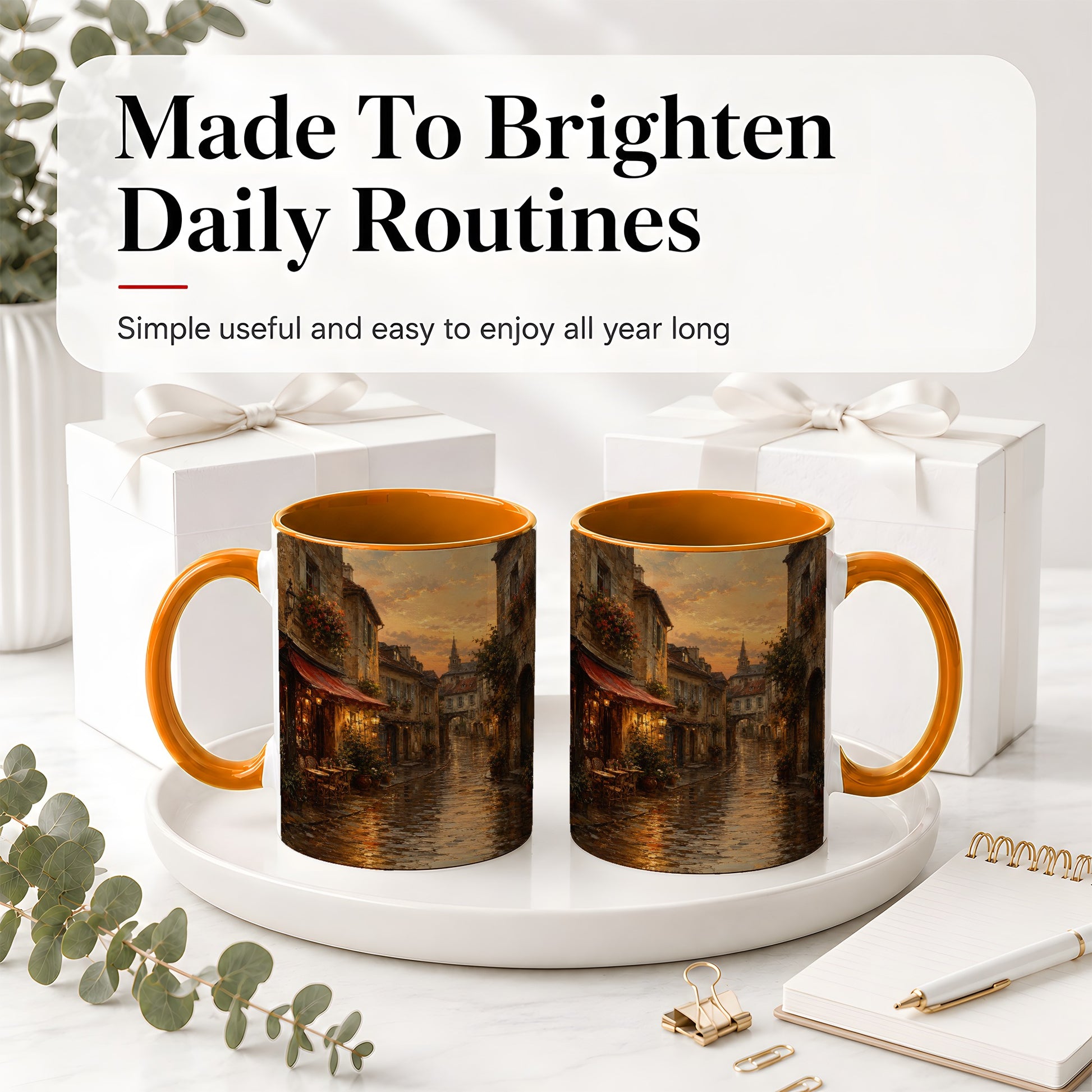#pl[11oz|Orange] Rainy Old Town Ceramic Mug, Cozy European Cafe Street Scene