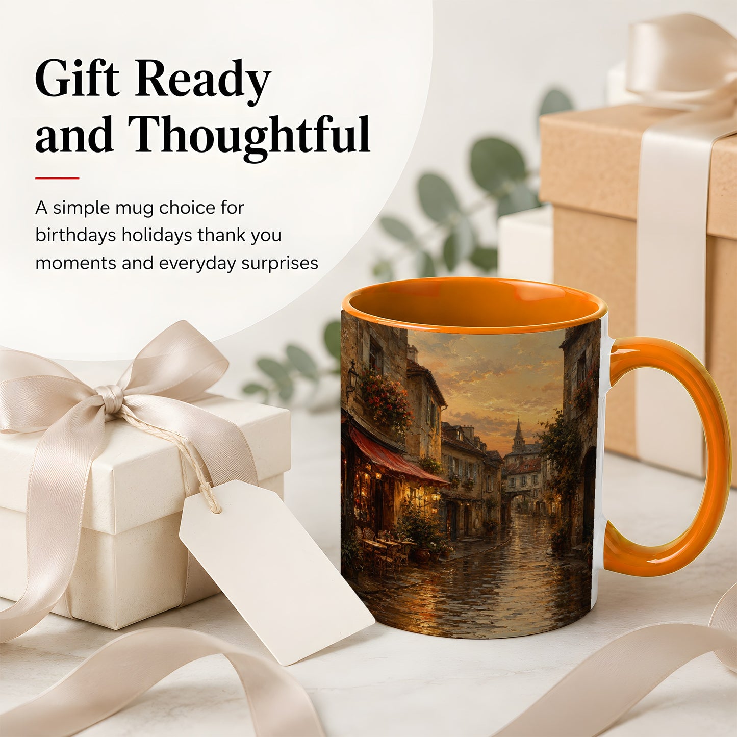#pl[11oz|Orange] Rainy Old Town Ceramic Mug, Cozy European Cafe Street Scene