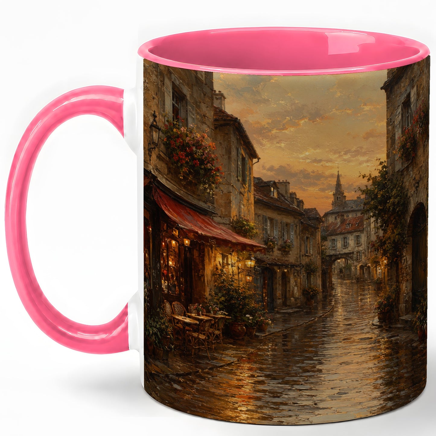 #pl[11oz|Pink] Rainy Old Town Ceramic Mug, Cozy European Cafe Street Scene