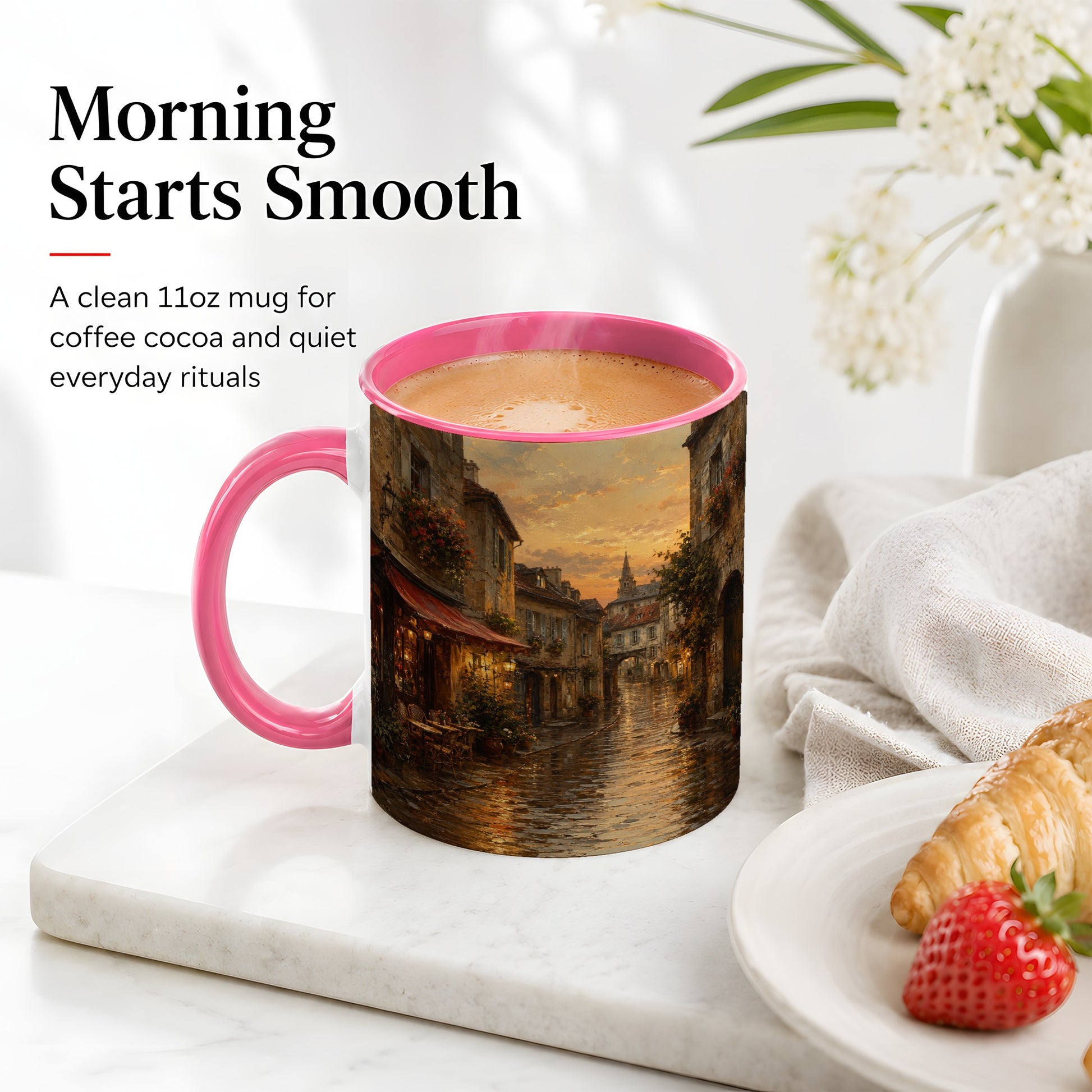 #pl[11oz|Pink] Rainy Old Town Ceramic Mug, Cozy European Cafe Street Scene