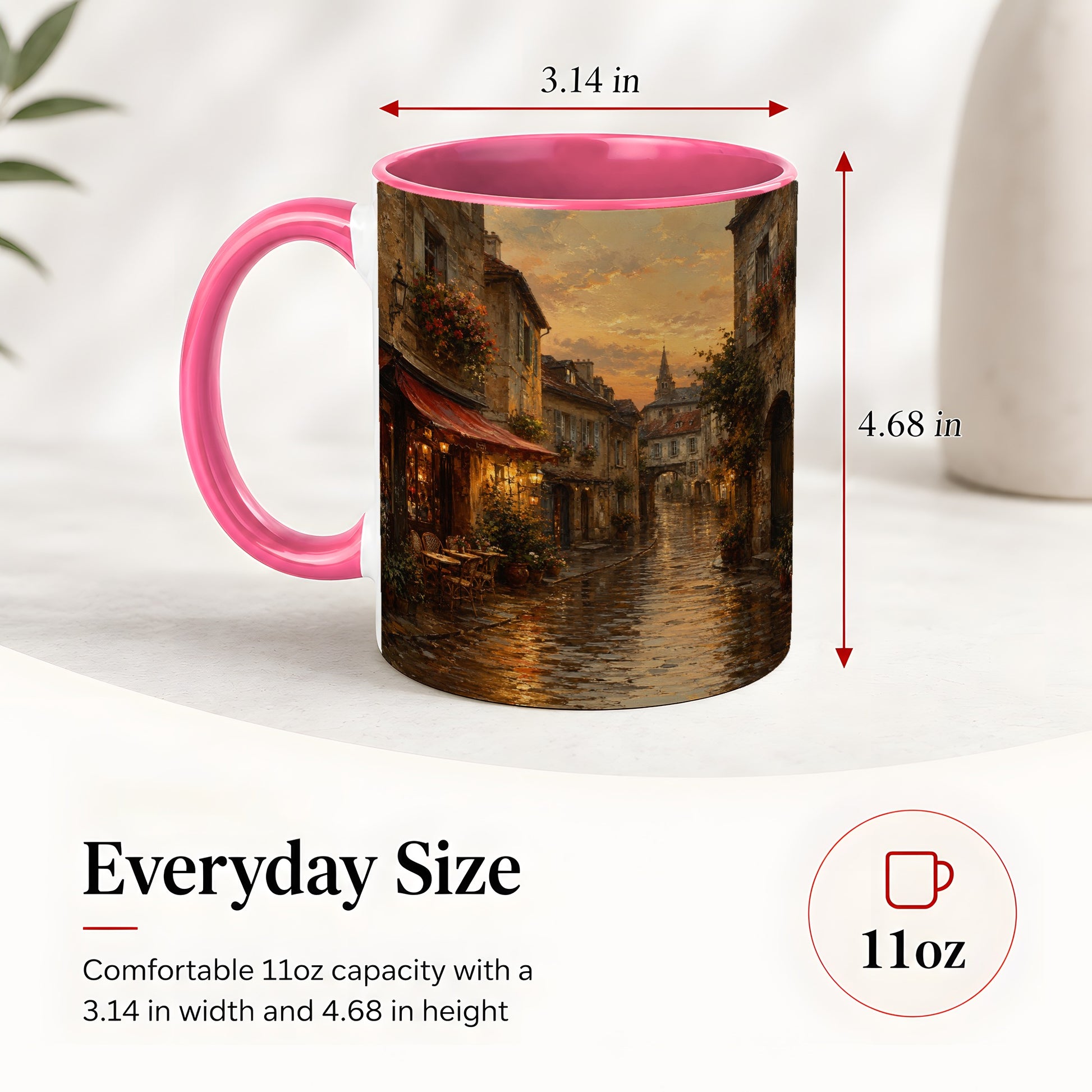 #pl[11oz|Pink] Rainy Old Town Ceramic Mug, Cozy European Cafe Street Scene